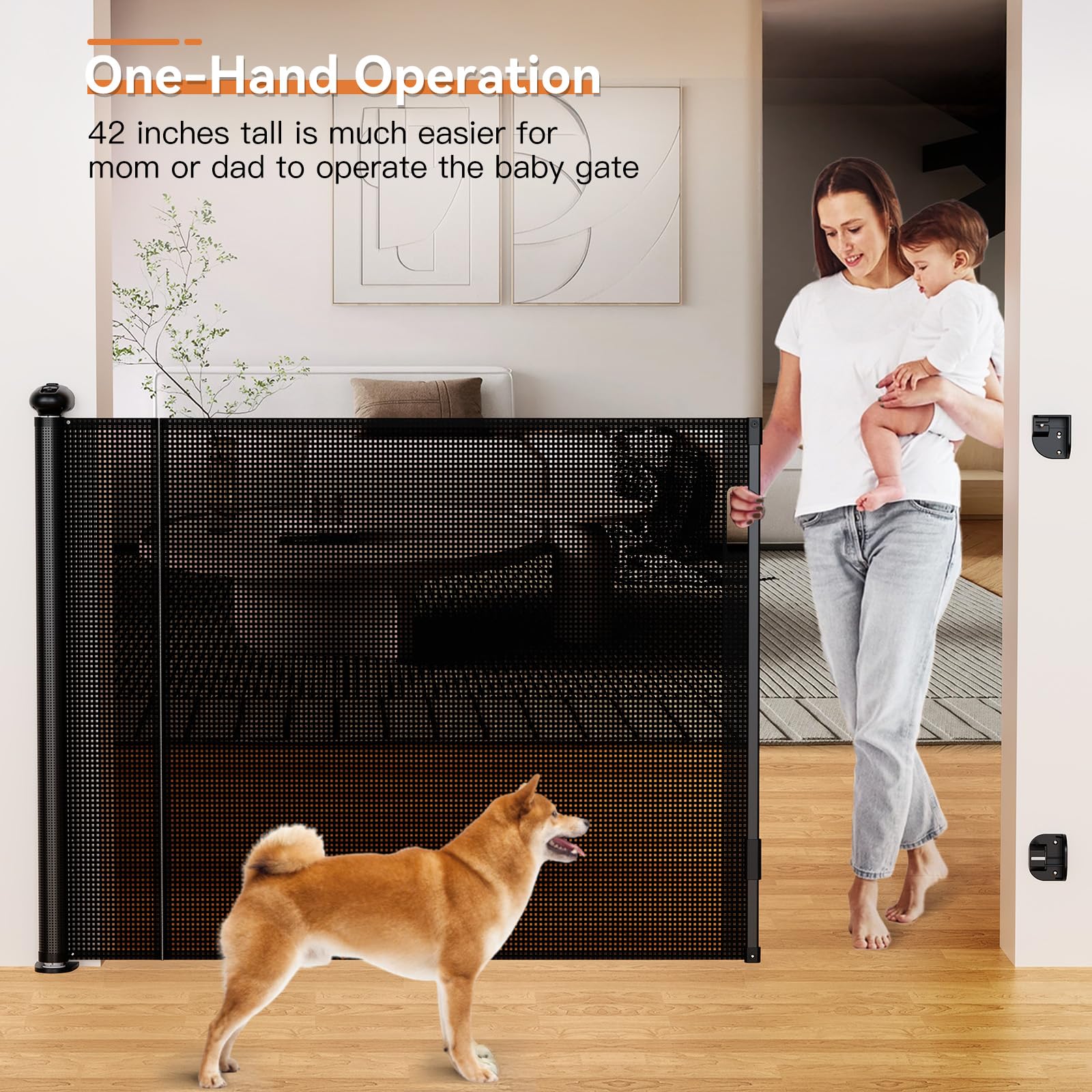 55 Inch Wide Retractable Baby Gate for Stairs, 42 Tall Dog Gate Extra Wide with Child Lock, Length-Adjustable Indoor Mesh Gates