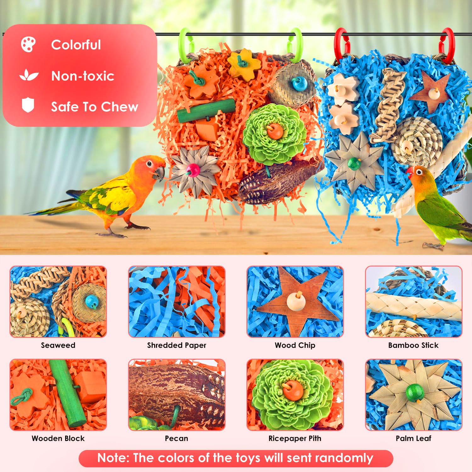 KATUMO Bird Toys, 2 Pack Bird Grass Mat Foraging Wall Toys Parrot Shredder Toys for Parakeet, Cockatiel, Conure, Lovebird, Budgi