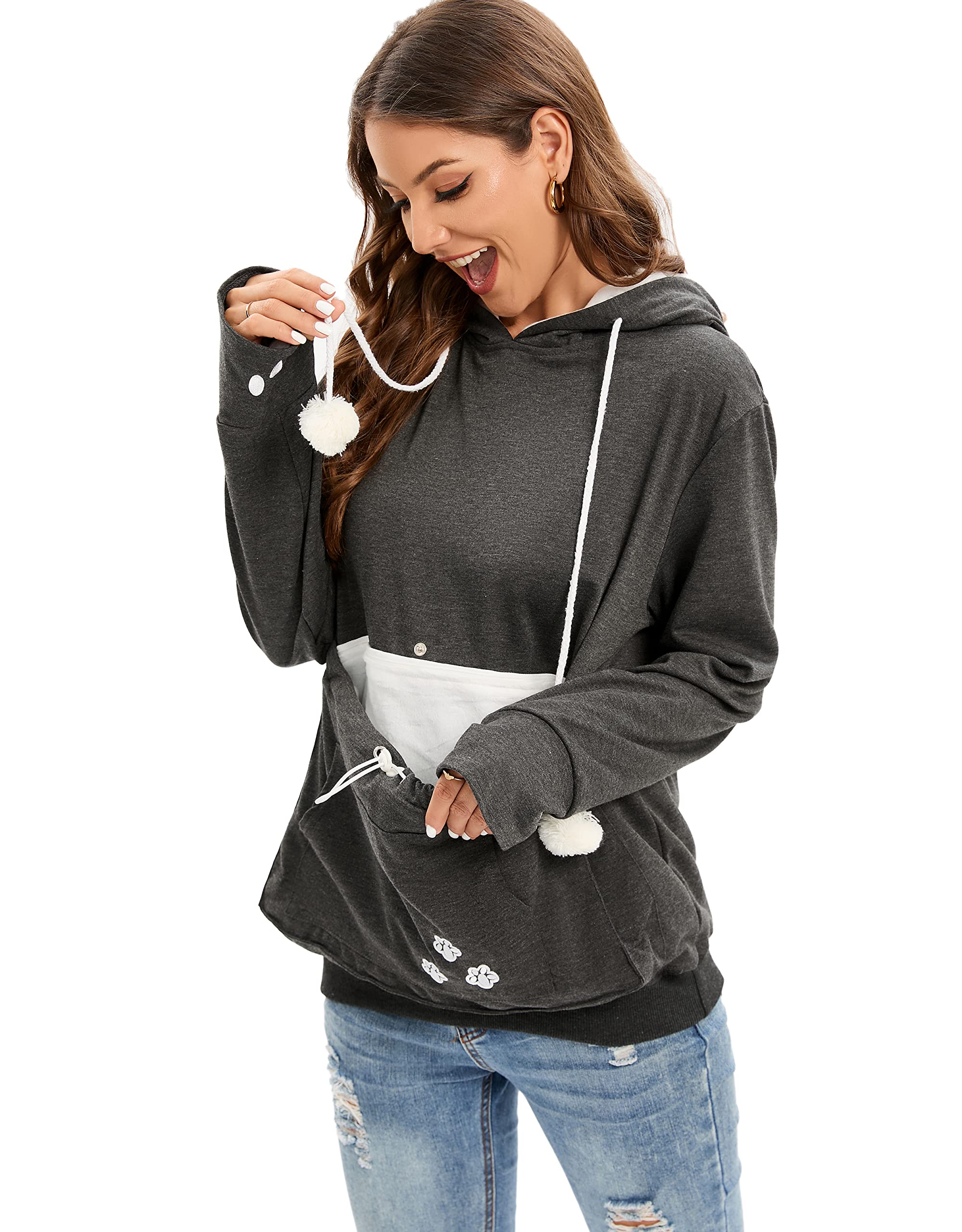 BOMBAXCEIBA Pet Pouch Hoodie Carrier, Cotton Blend, XX-Large, Deep Gray, Dog & Cat Sweatshirt with Ears