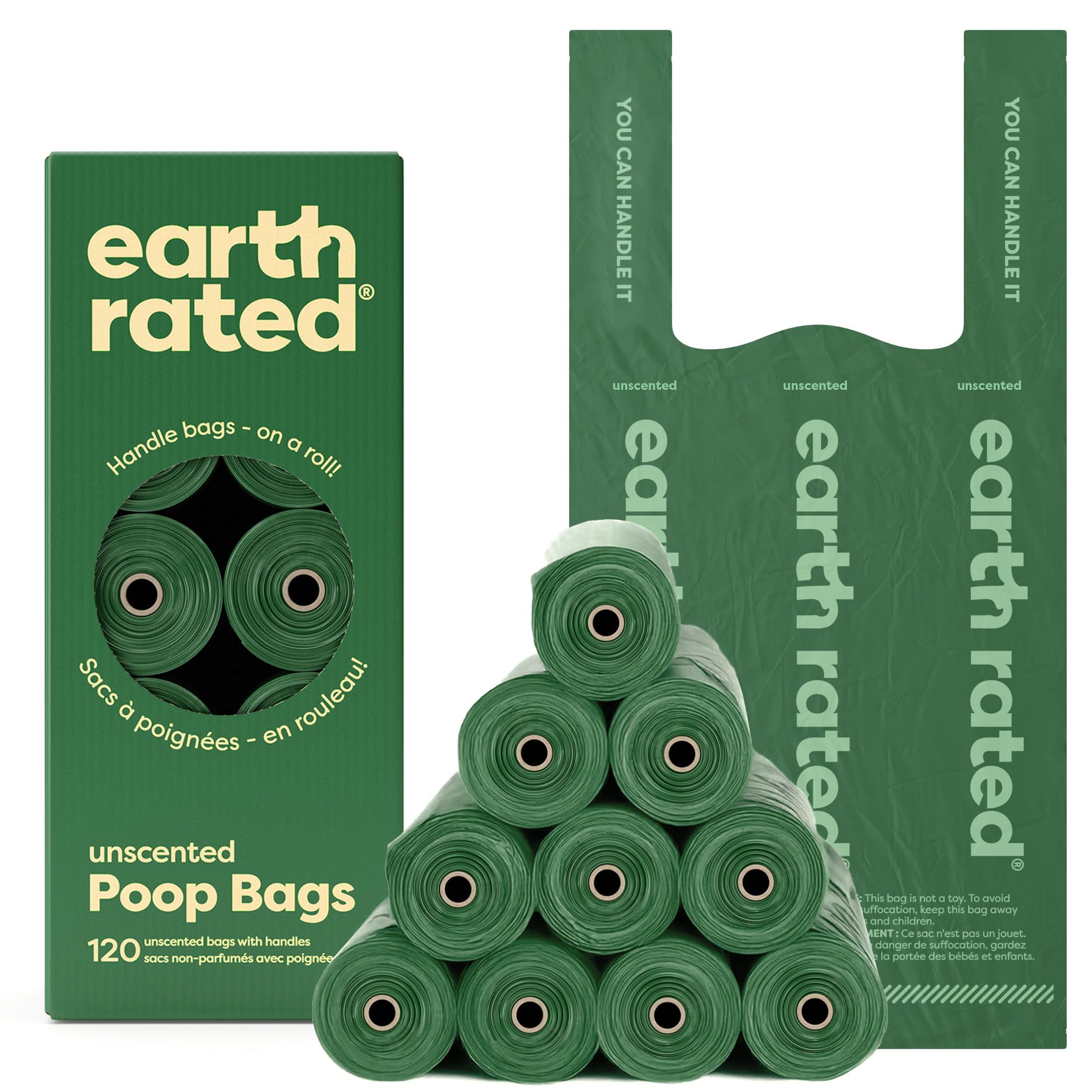 Earth Rated Dog Poop Bags With Handles On Refill Rolls, Easy-Tie On A Compact Roll, Extra Wide Opening, Guaranteed Leak-Proof, Unscented, 105 Count