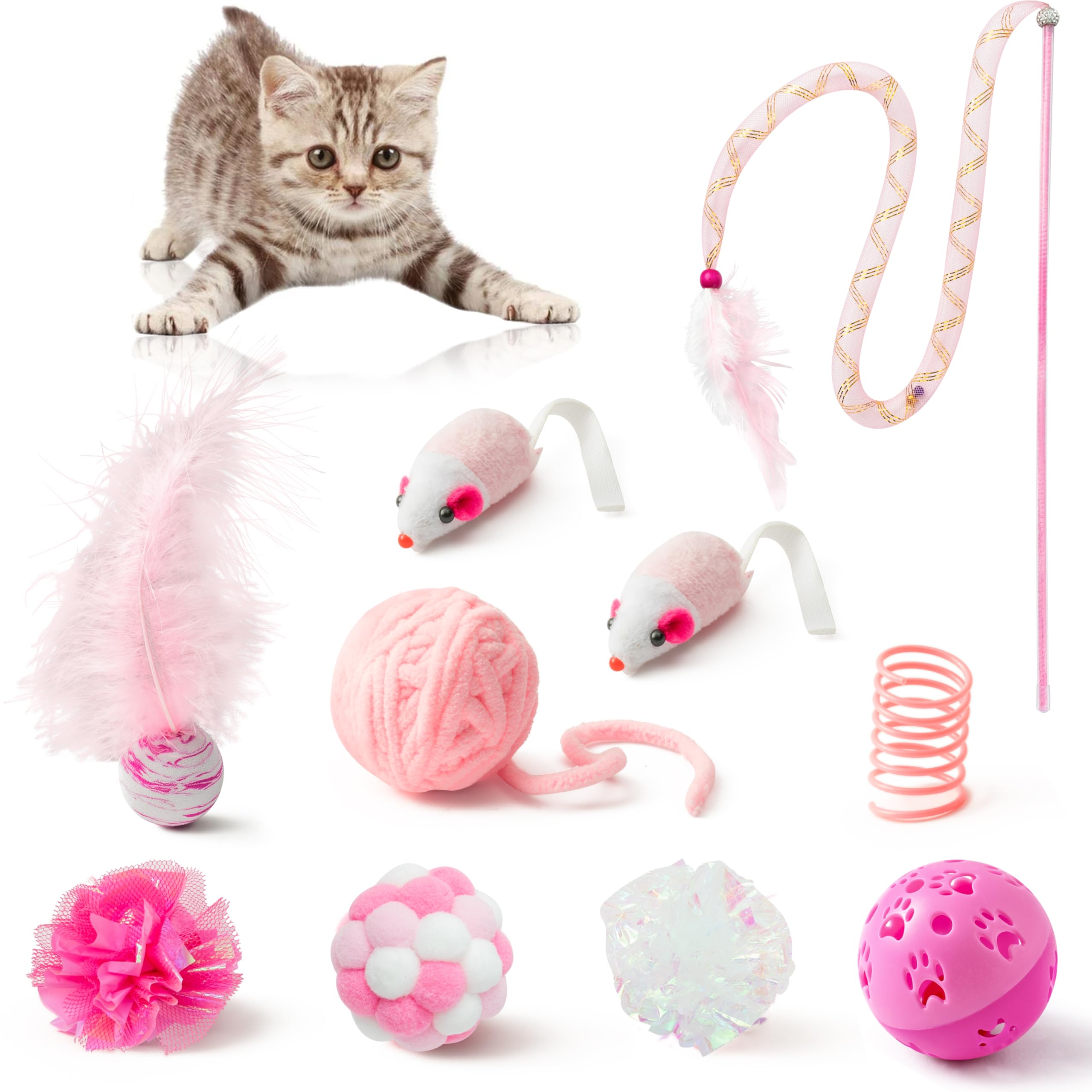 Mallmall6 10Pcs Cat Toy Set Interactive Cat Toys Pack Including Feather Teaser Wand Cat Springs Mice Crinkle Balls And Pet Bell Balls, Puzzle Toys For Indoor Cats Gift (Pink)