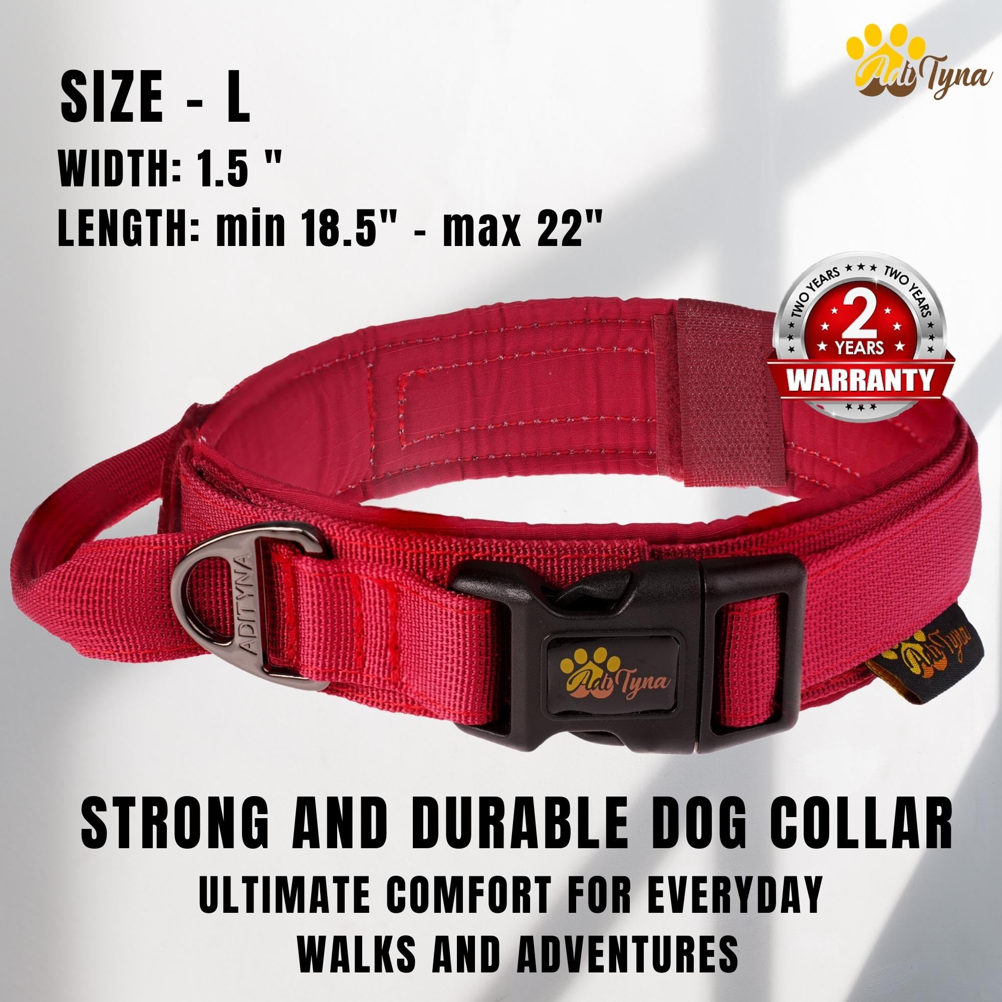 Adityna - Tactical Dog Collar For Large Dogs - Soft Padded, Heavy Duty, Adjustable Burgundy Dog Collar With Handle For Training