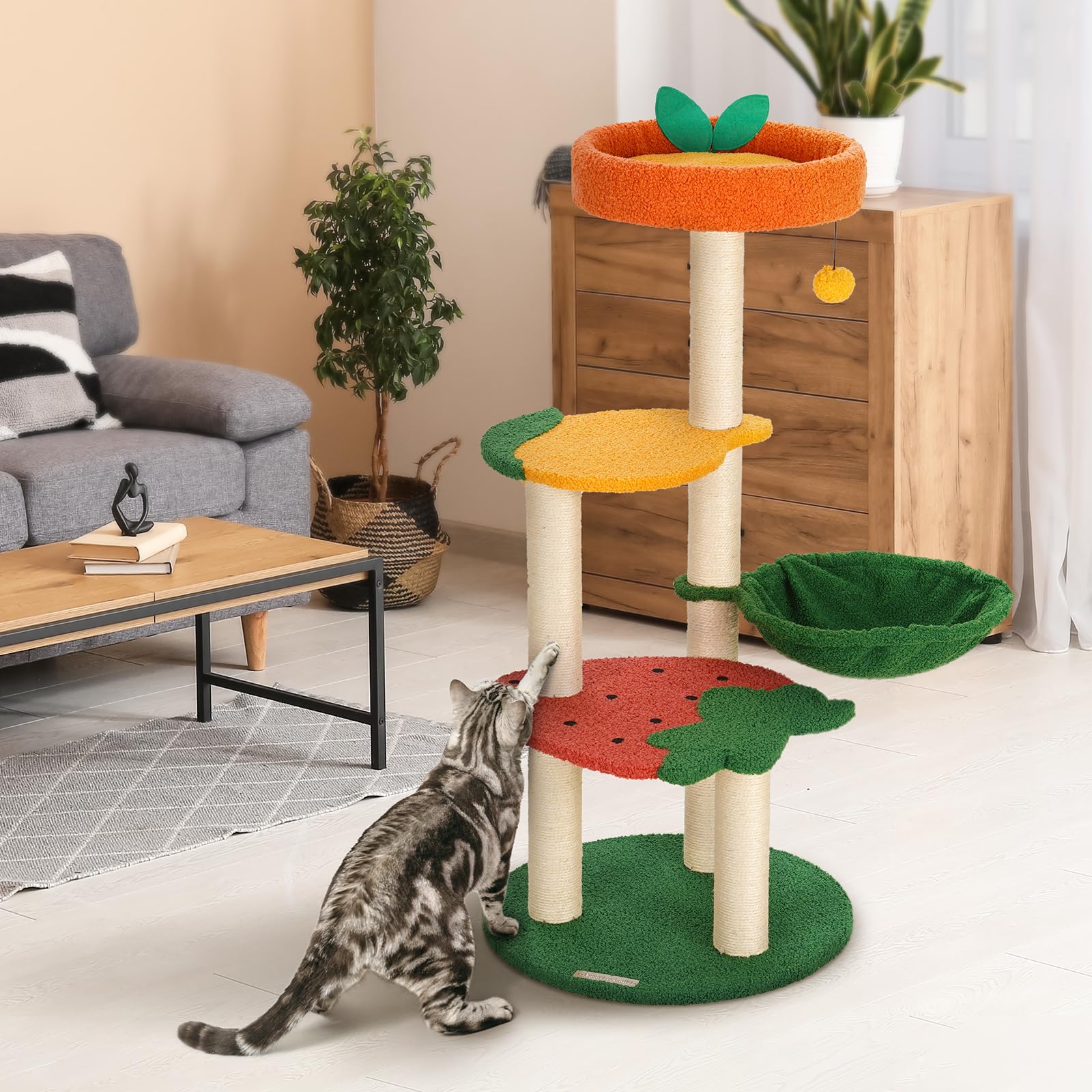 Happy & Polly Cute Cat Tree - 40.5'' Fruit World Cat Tower For Indoor Cats, Cat Tree Condo With Sisal Scratching Posts, Cozy Ham