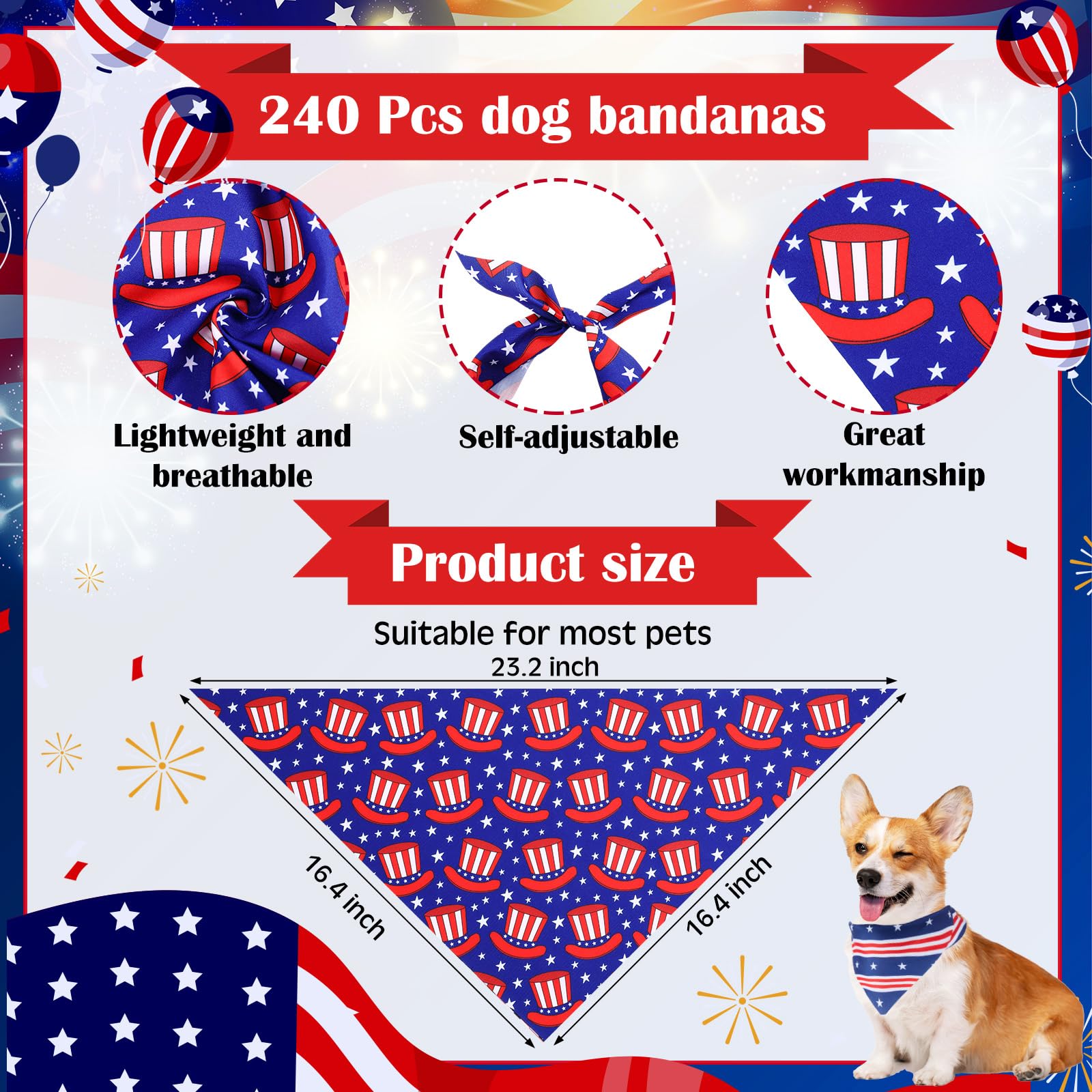 Aliceset 240 Pcs 4Th Of July Dog Bandana Bulk American Independence Pattern Printing Dog Kerchief Set Bibs Triangle Pet Scarf So