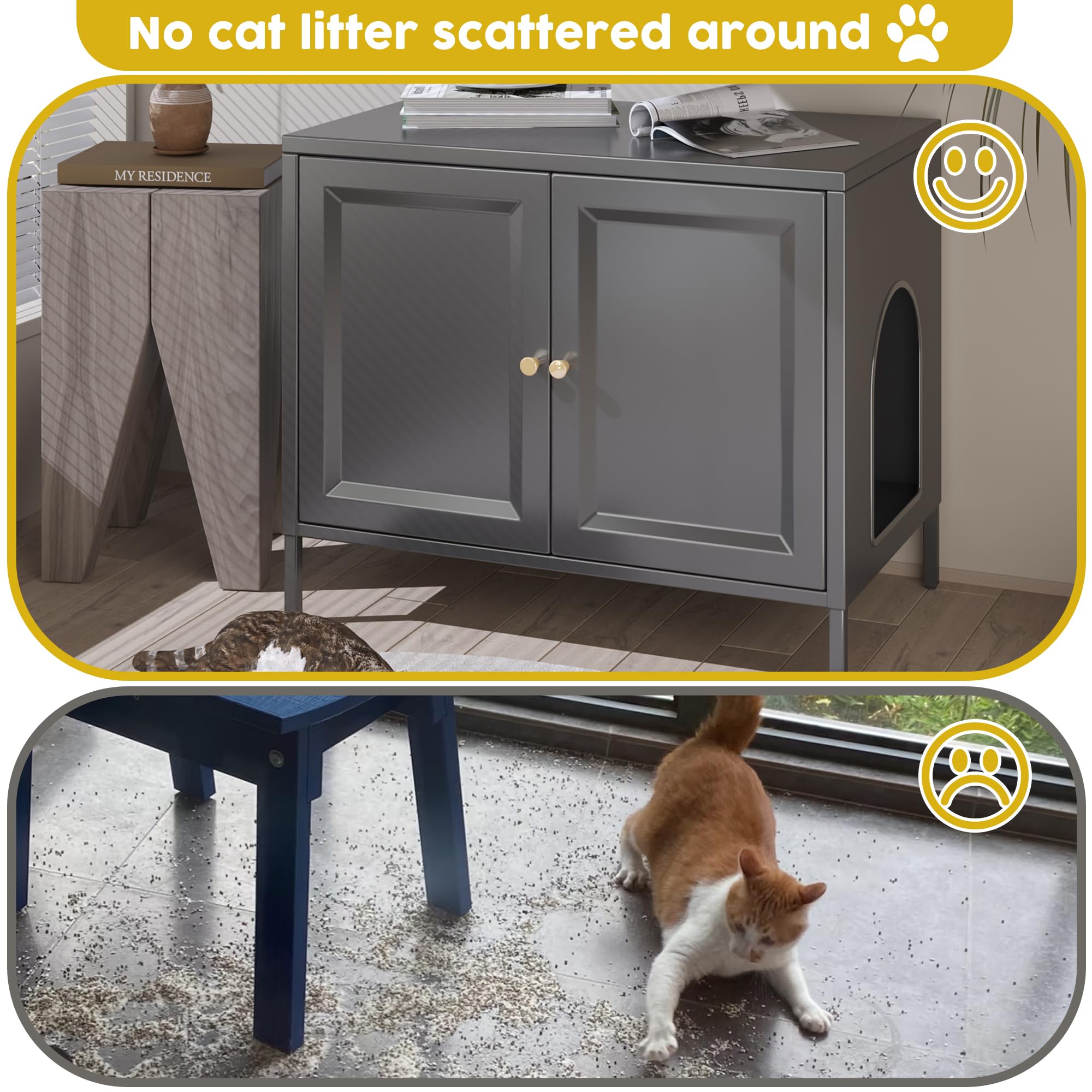 Aobabo Cat Litter Box Enclosure, Metal Cat Washroom Furniture with Barn Door, Pet House, Fit Most of Litter Box, Black, Assembly