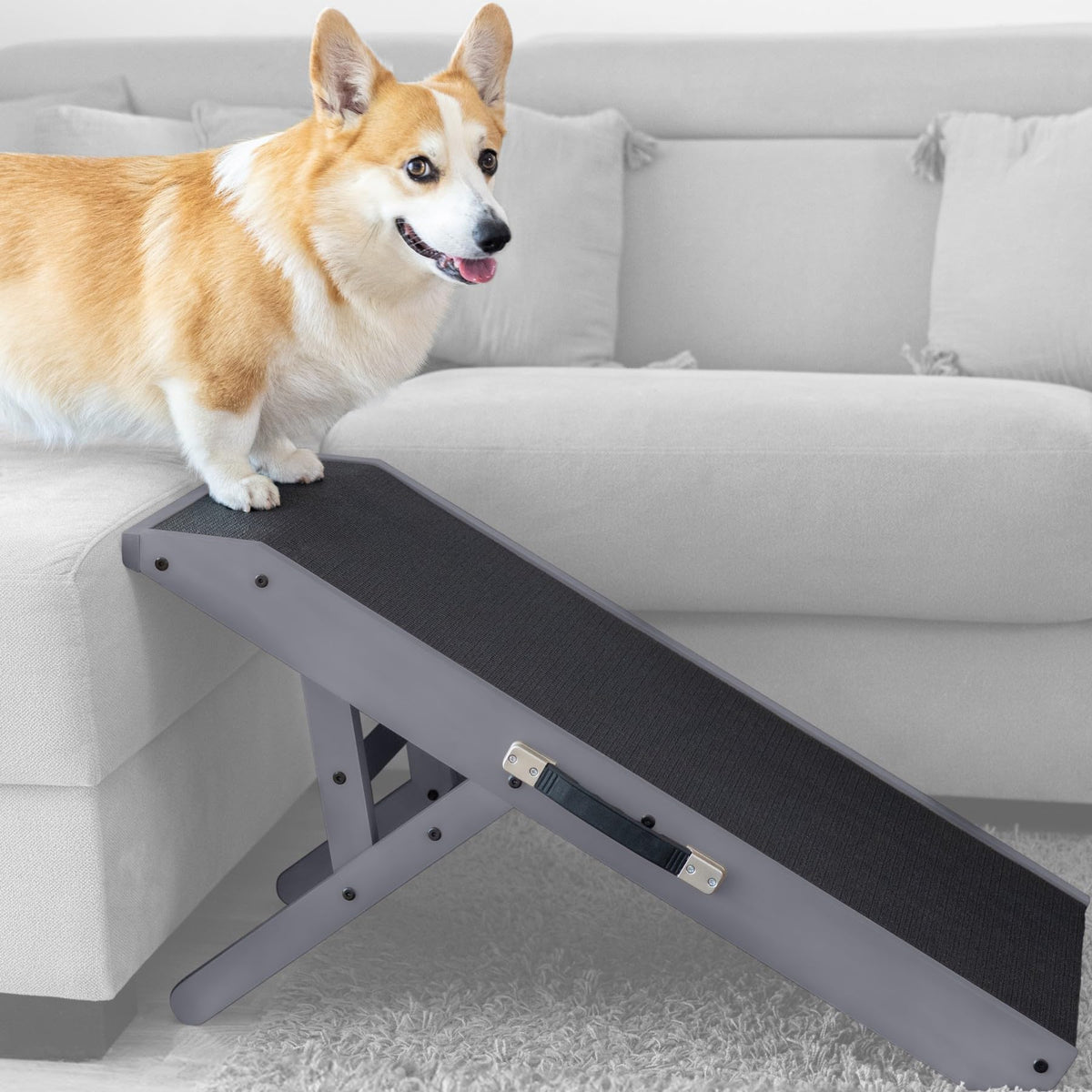 Dog Ramp For Couch Priorpet - Birchwood Foldable Dog Ramp - Adjustable 7'' To 20'' - Landing Platform Seamlessly Connects - Anti-Slip Grip - Pet Ramp For Small Dogs Up To 170Lbs - Gray