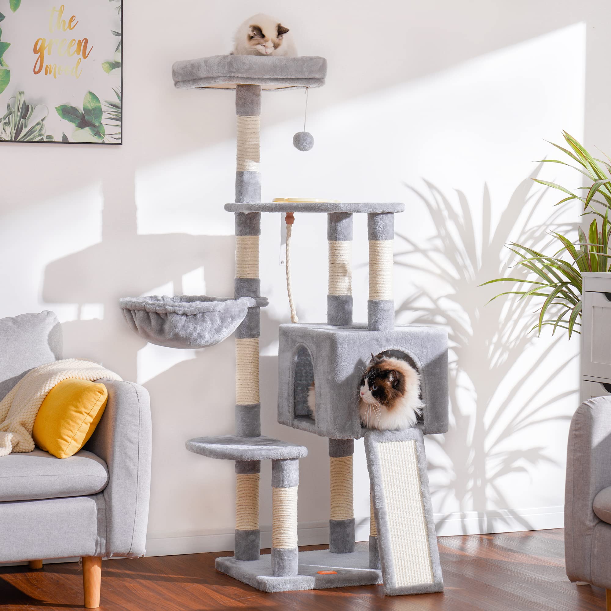 Heybly Cat Tree, Cat Tower For Indoor Cats With Scratching Board, Multi-Level Cat Furniture Condo With Feeding Bowl Light Gray H