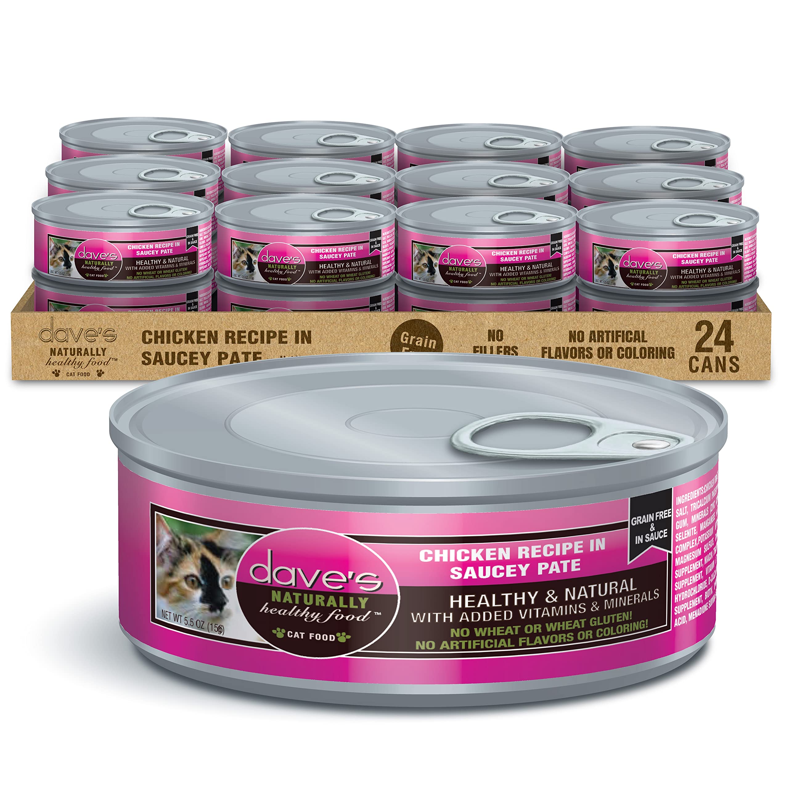 Daves Pet Food Grain Free Wet Cat Food (Chicken Recipe in Saucey Pate), Naturally Healthy Canned, Added Vitamins & Minerals, Wh