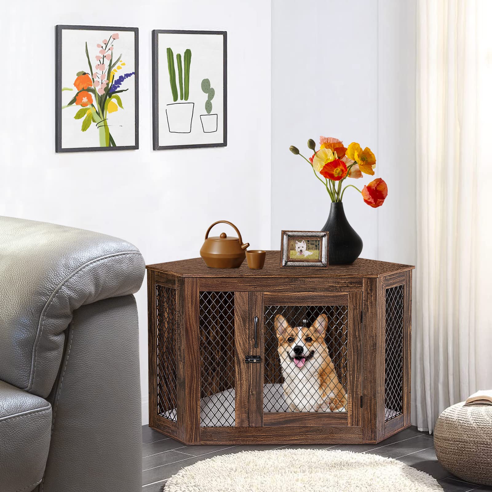 Polar Aurora Corner Dog Crate, Wood Dog Kennel Furniture 44 Dog Cage End Table with Cushion for Indoor use,Wood Pet House Dog