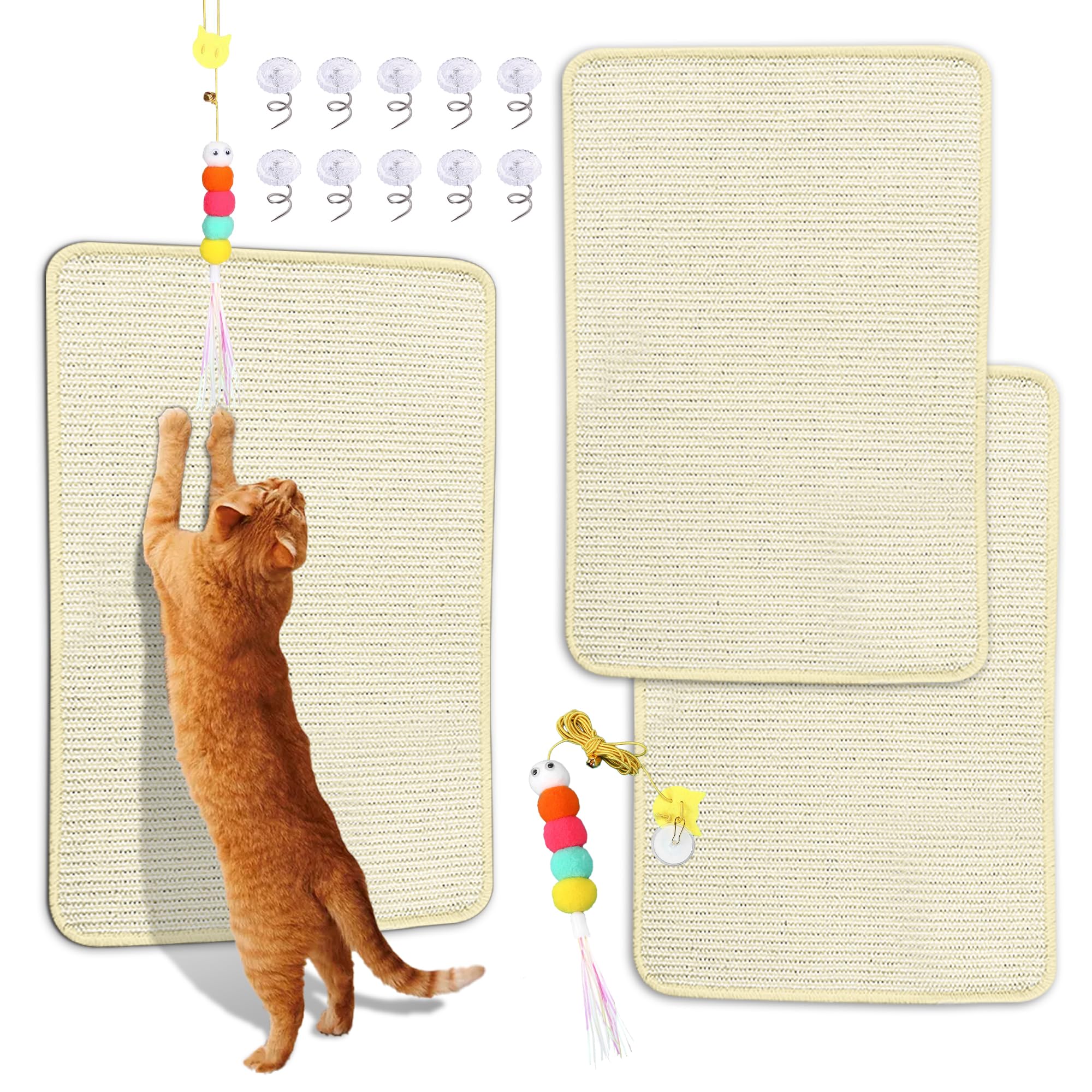 Sisal Cat Scratching Mat, 2 Packs Natural Fabric 23.6'' X 15.8'' Scratching Pad With Cute Playing Toy And Spiral Nails, Wall Scr