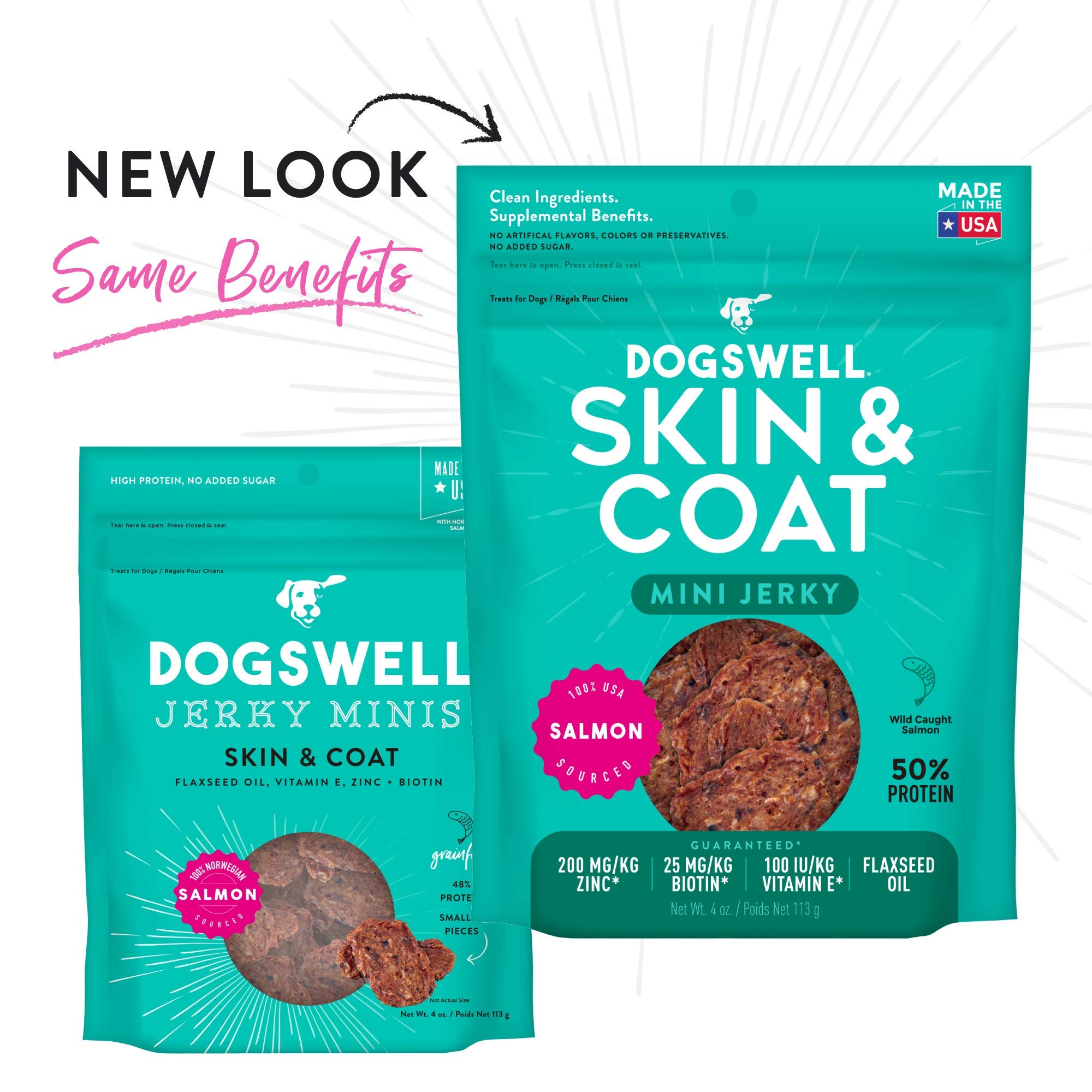Dogswell Jerky Skin and Coat - Mini Salmon Jerky Dog Treats with Dog Skin & Coat Support (4 oz. Salmon)