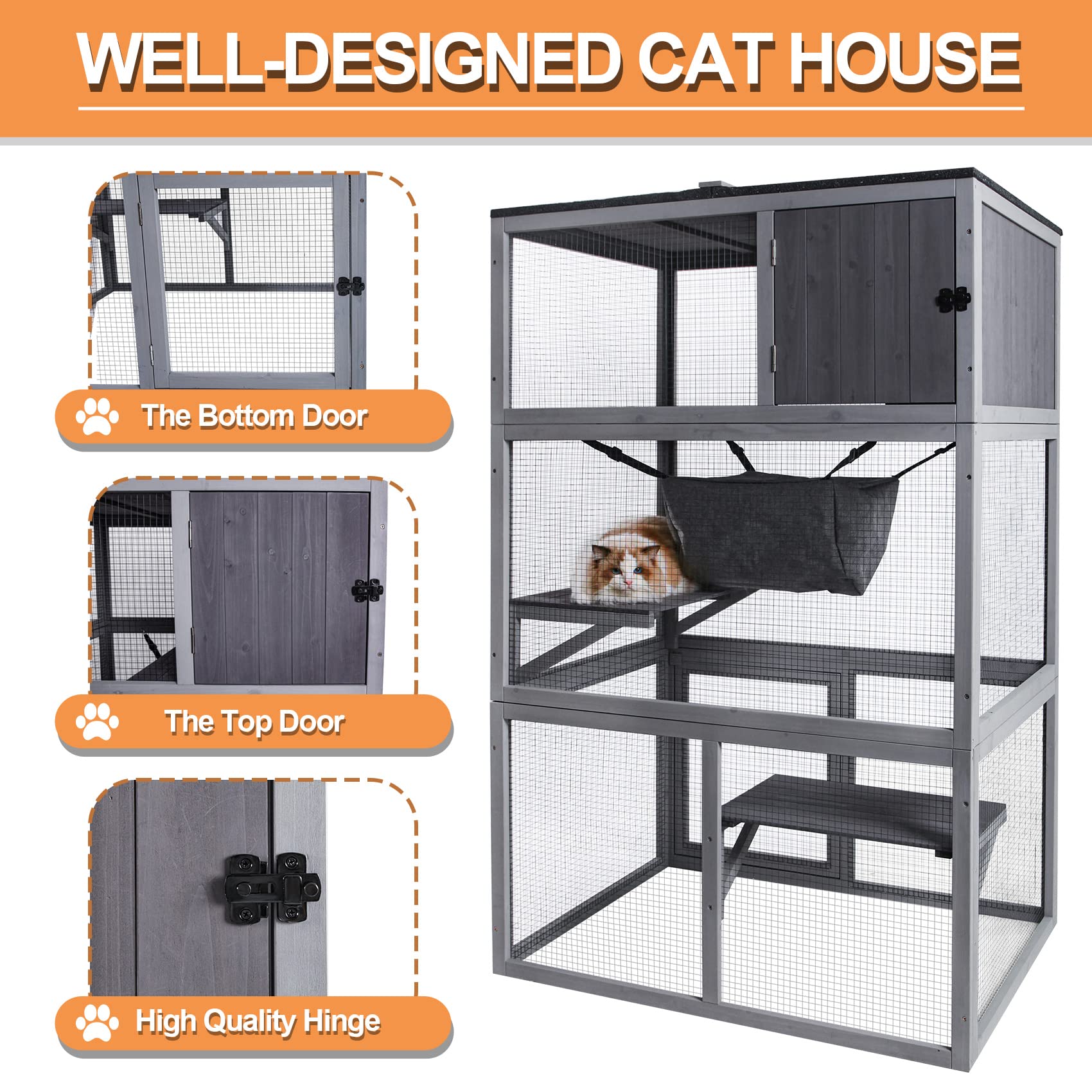 X-Zone Pet Catio Wooden Cat House, Outdoor 3 Floors Cat Enclosure, Indoor Large Kitten Playpen With Hammock & Resting Box, Cat C