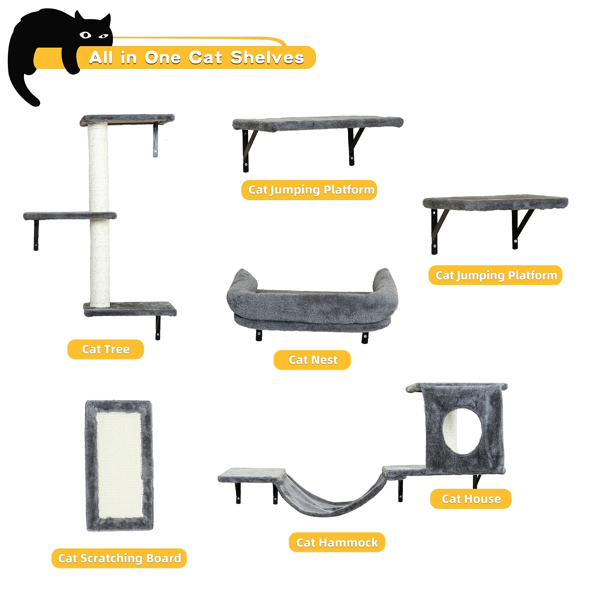 NUNU LAB Wall Mounted Cat Furniture, 6pc Cat Wall Furniture, Cat Climber with Cat House, Bridge, Tree, Steps, and Scratcher, DIY