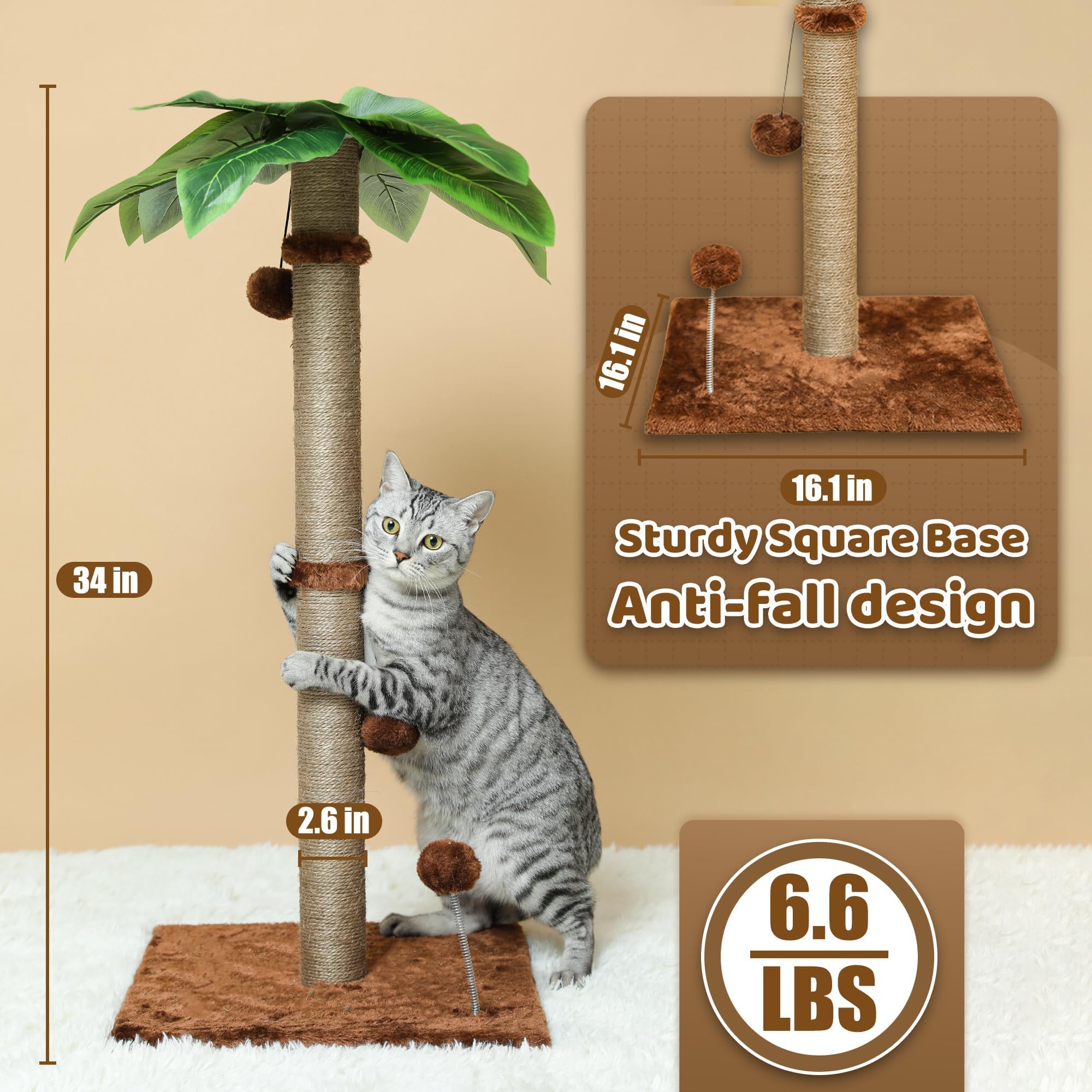 34'' Cat Scratching Post For Average Cats, Brown Palm Cat Tree, Cat Scratcher For Indoor Cats With Hanging Toy Balls For Large C