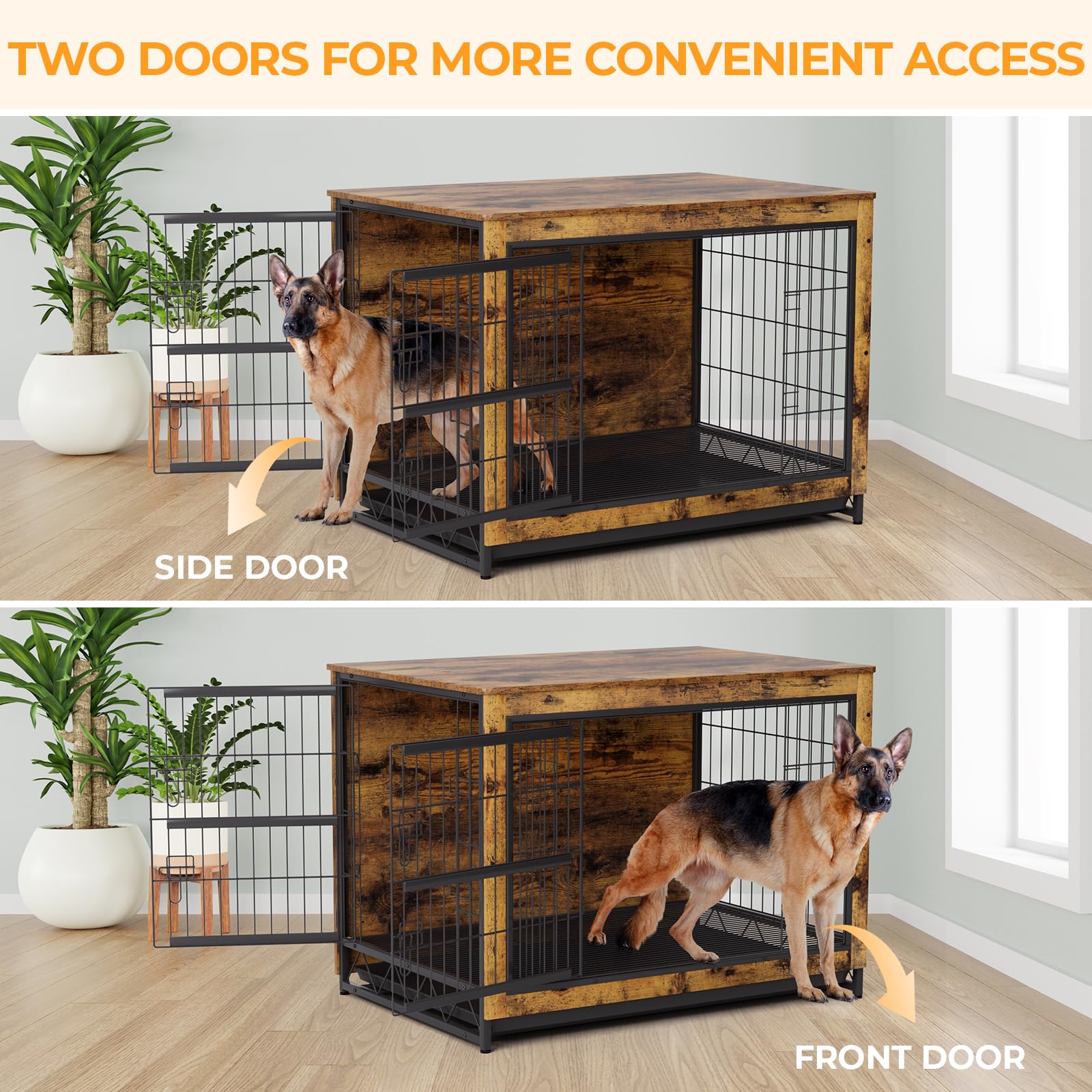 TLSUNNY Dog Crate Furniture, 44.1 Wooden Dog Kennel Indoor with 2 Doors, Heavy-Duty Dog Cage with Removable Tray, End Side Table