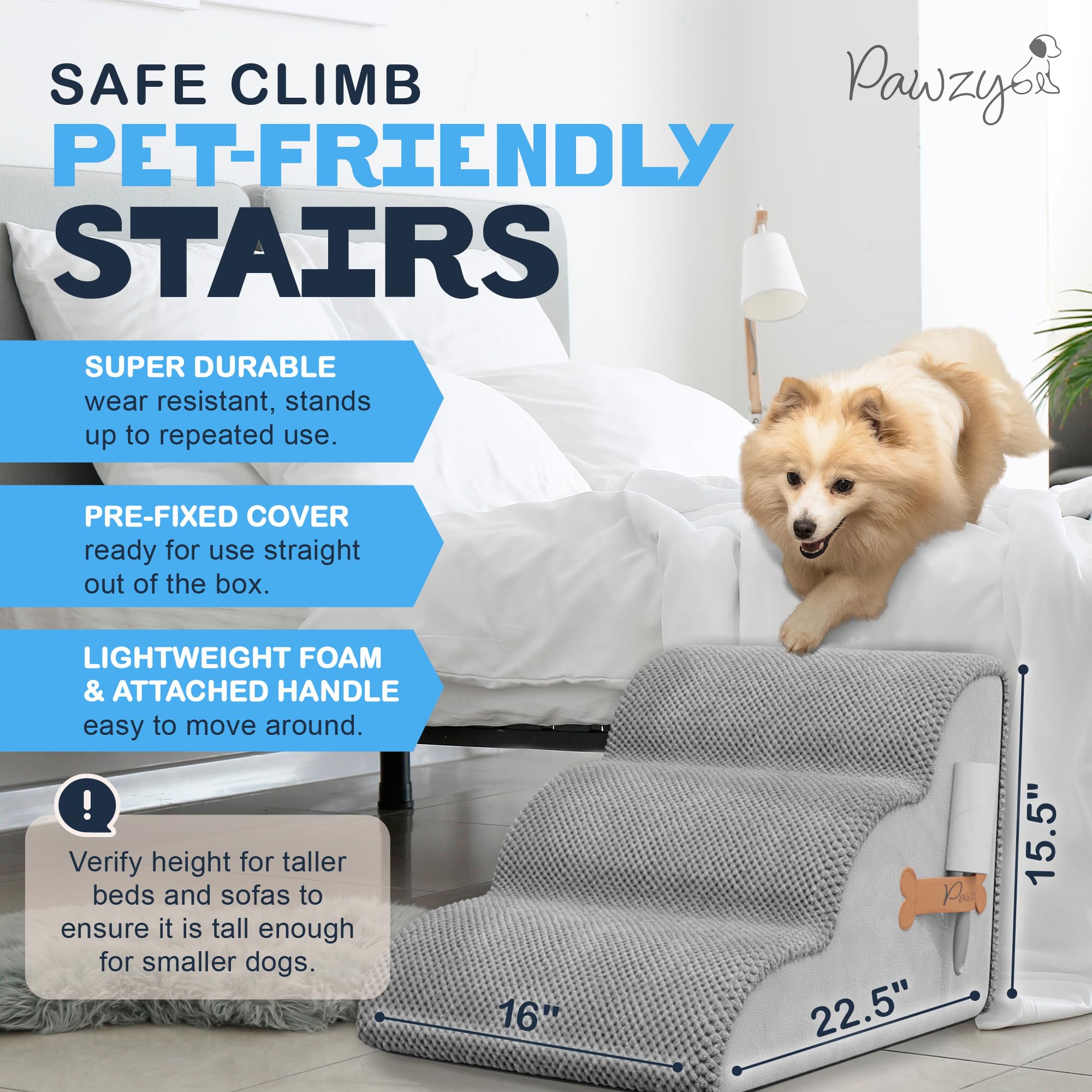 Pawzy Foam Pet Stairs For Bed, Couch Or Window Prefixed Cover - Wide Steps For Bed, Waterproof, Non-Slip Base - 3-Tier Ramp Dog