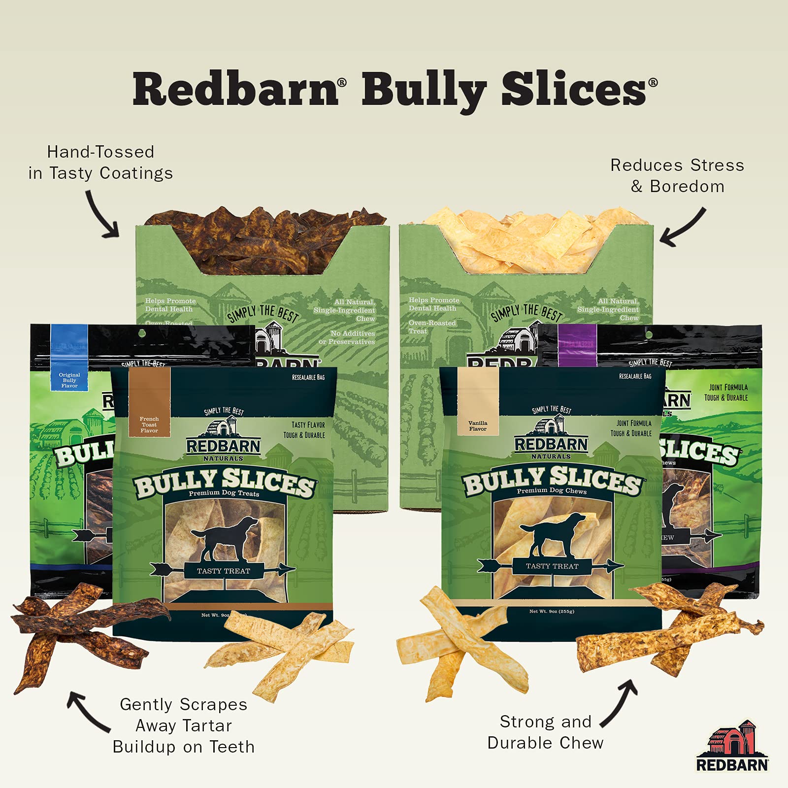 Redbarn All-Natural Rawhide Bully Slices - Peanut Butter Flavor - Premium Grain-Free Beef Hide Treats High Protein Low Fat for C