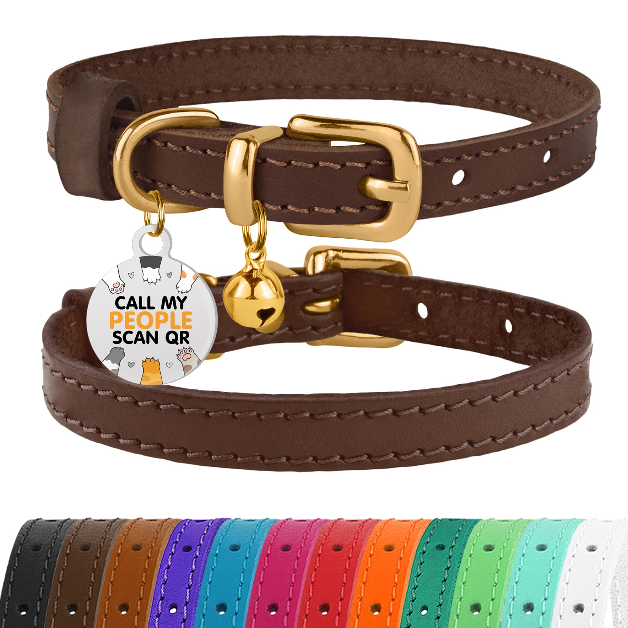 Bronzedog Leather Cat Collar With Bell Non Breakaway Kitten Qr Tag For Girl Boy (9' - 11' Cats/Mini Dogs, Dark Brown & Gold)