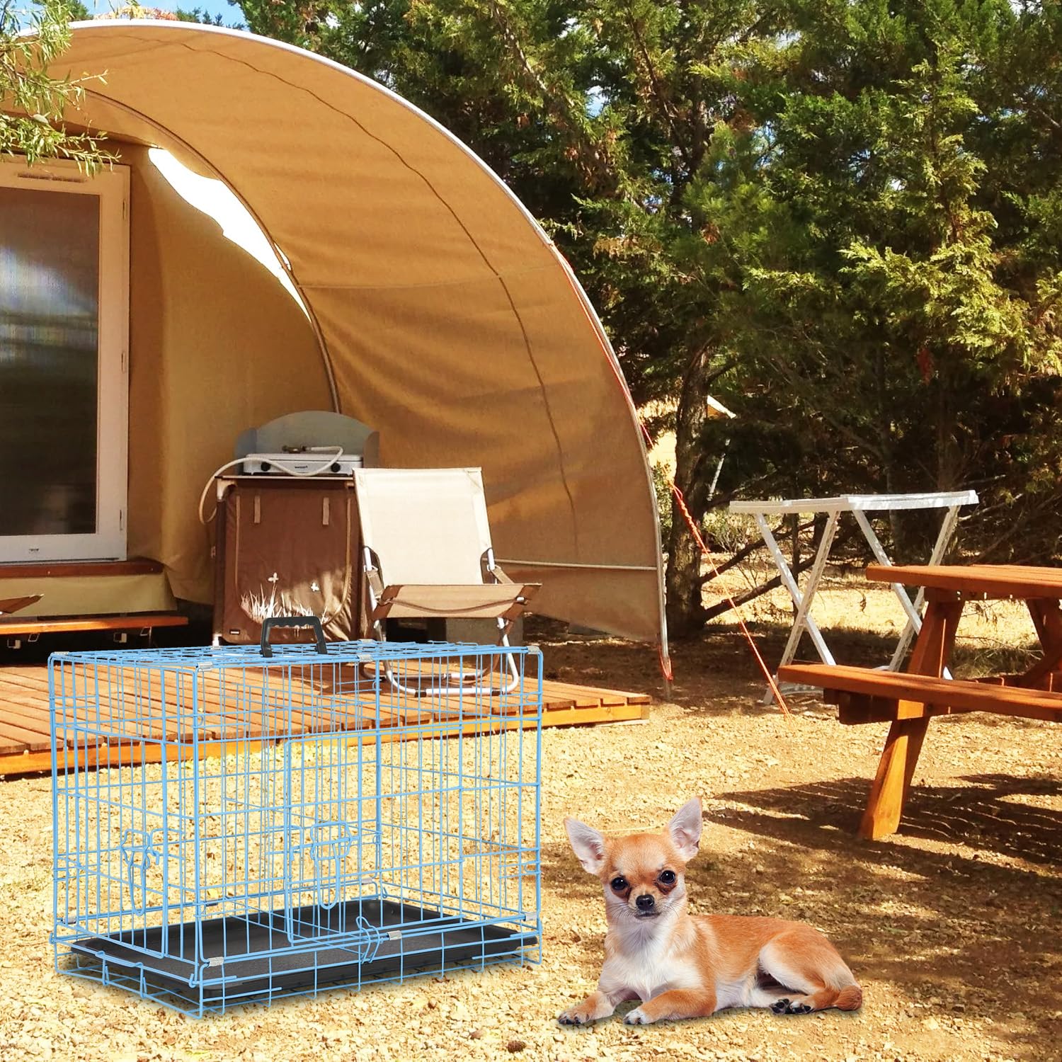 Wire Dog Crate 24 Inch Dog Kennel Cage, Double Door Folding Dog Cage, Wire Dog Kennel With Removable Tray, Indoor&Outdoor,Blue