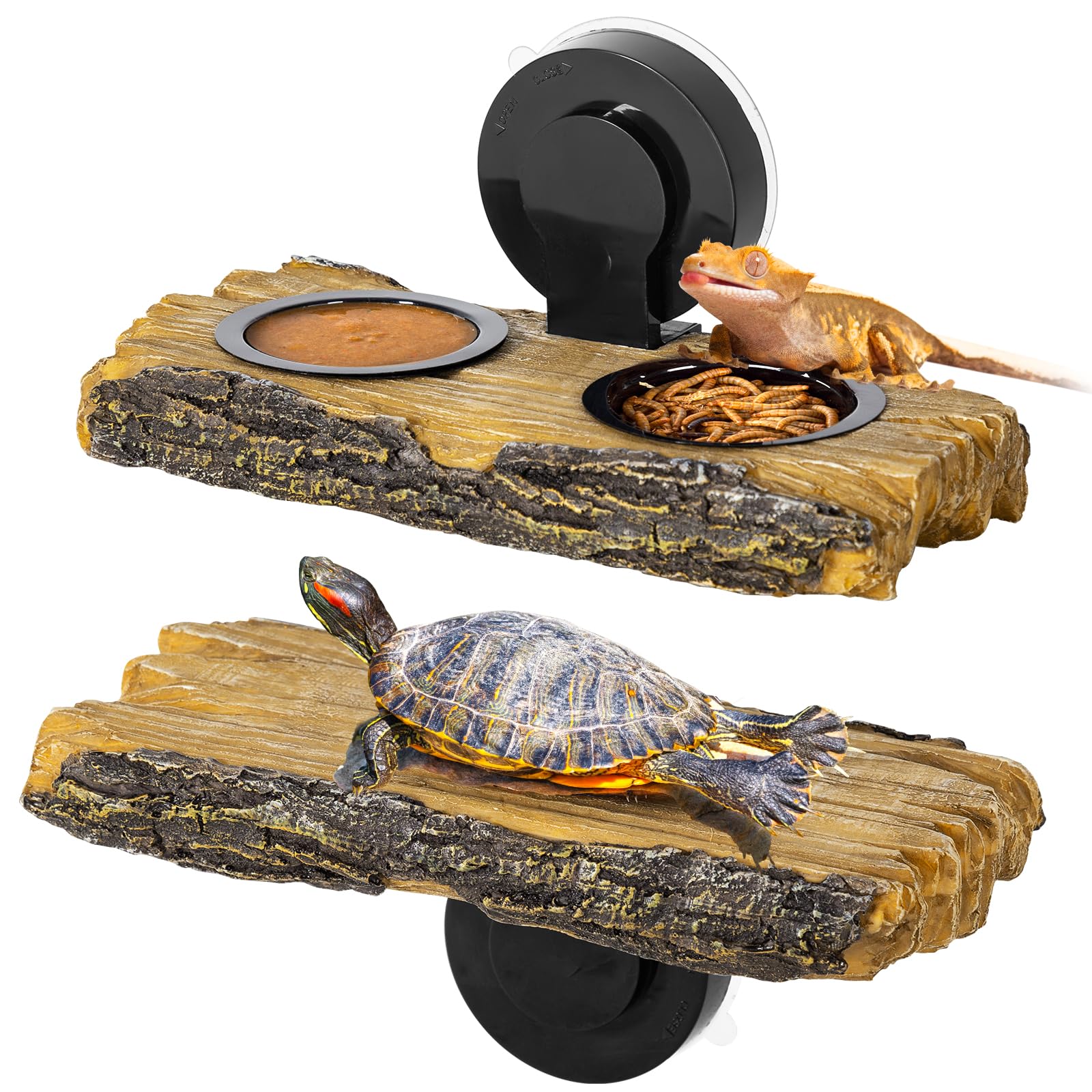CAVACHEW 2 in 1 Reptile Feeding Ledge & Turtle Basking Platform, Resin Suction Cup Feeder with 4PCS Cups, Terrarium Water Bowl F