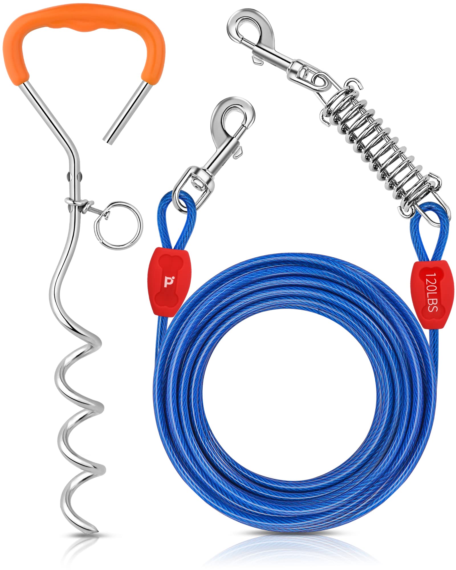 Petbobi Dog Tie-Out Cable And Stake - 40Ft Heavy Duty Cable With Spring, No Tangle, 16In Ground Stake, Ideal For Yard, Camping And Beach, Suitable For Medium To Large Dogs Up To 120 Lbs, Blue