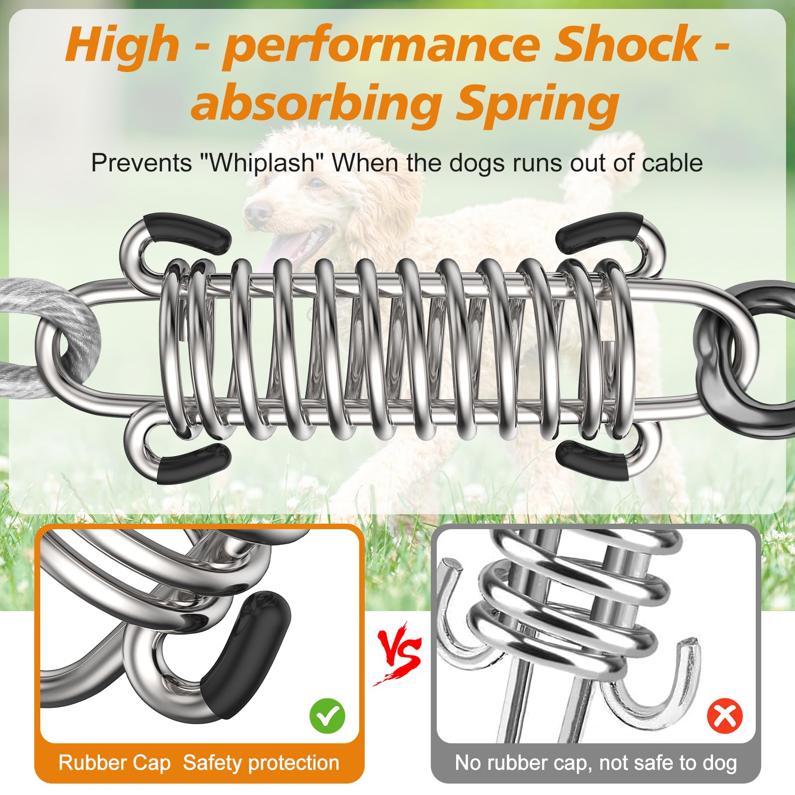 Tresbro Dog Leads For Yard, 15Ft Tie Out Cable With Shock Absorbing Spring And Swivel Hook, Chew Proof Chain For Outside, Runner