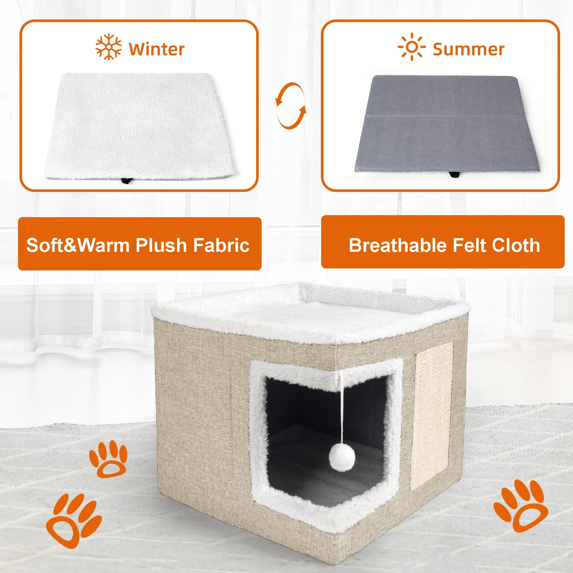 Loyareal Cat Houses for Indoor Cats - Large Cat Bed Cave with Scratch Pad and Fluffy Ball, Foldable Cat Condo Hideaway with Reve