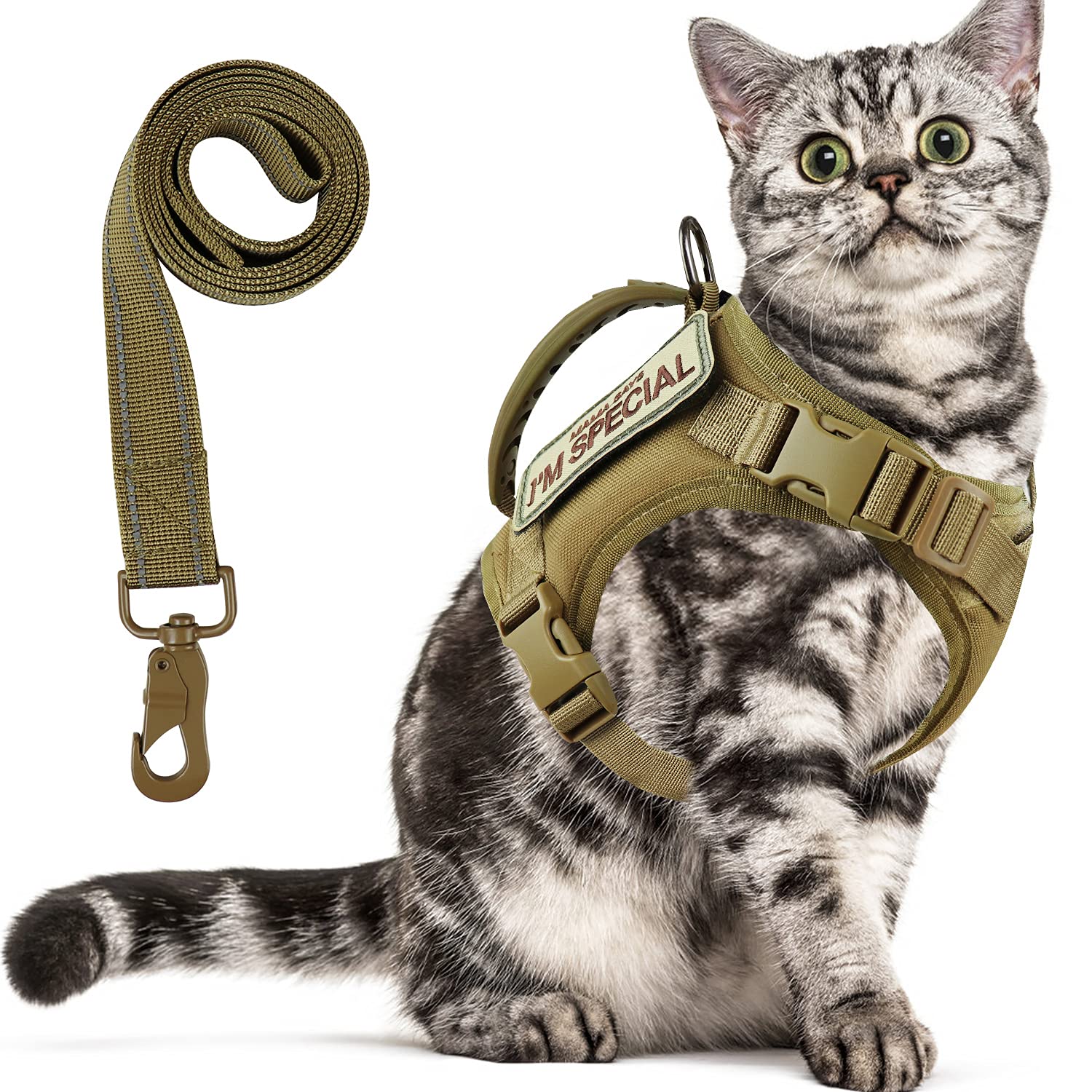Tactical Cat Harness For Walking Escape Proof, Soft Mesh Adjustable Pet Vest Harness For Large Cat, Small Dog And Khaki…