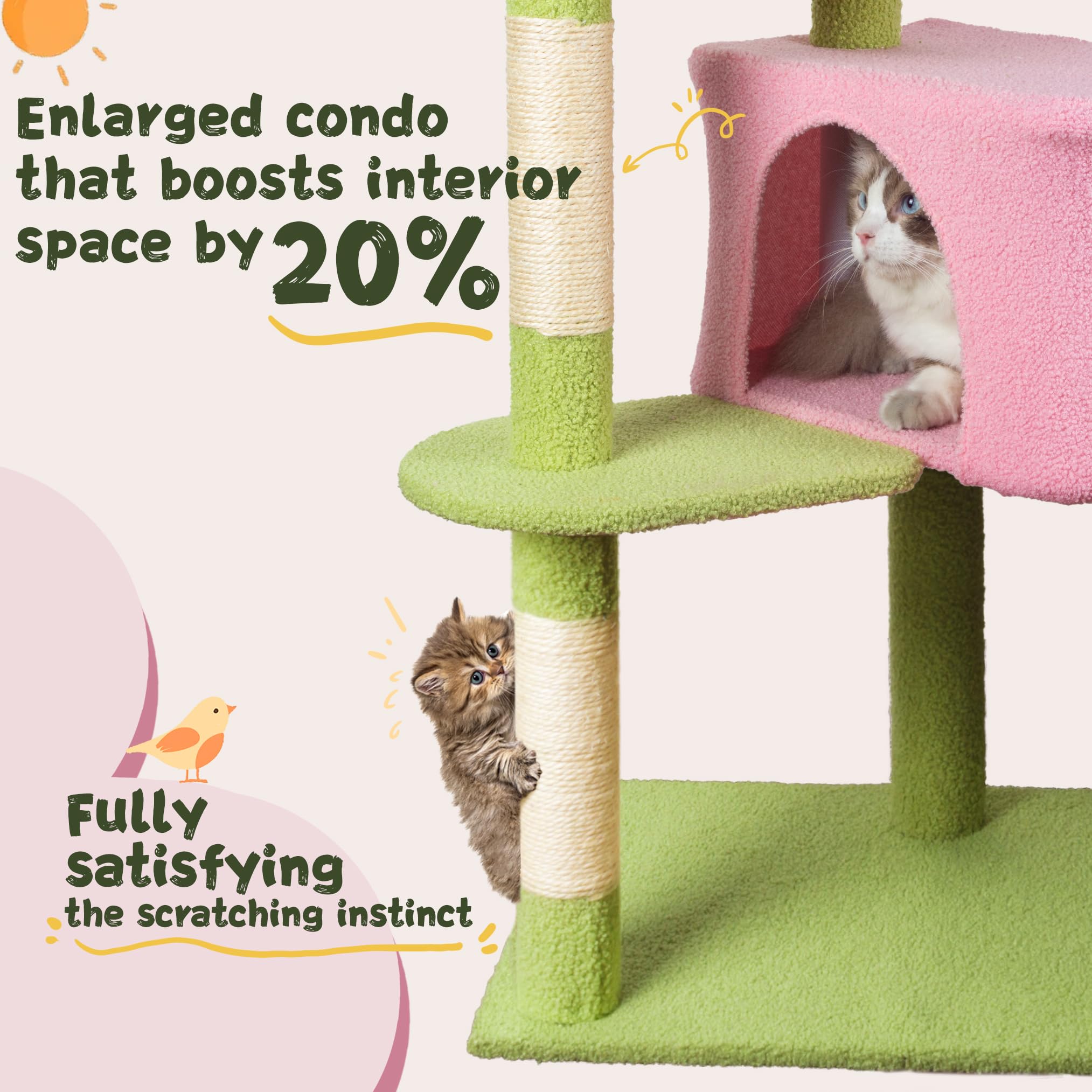 Fantasreen Cat Tree 43'' Cute Cat Tower Flower Cat Trees For Indoor Cat Condo With Hanging Toys Pink Large Top Perch For Kittens
