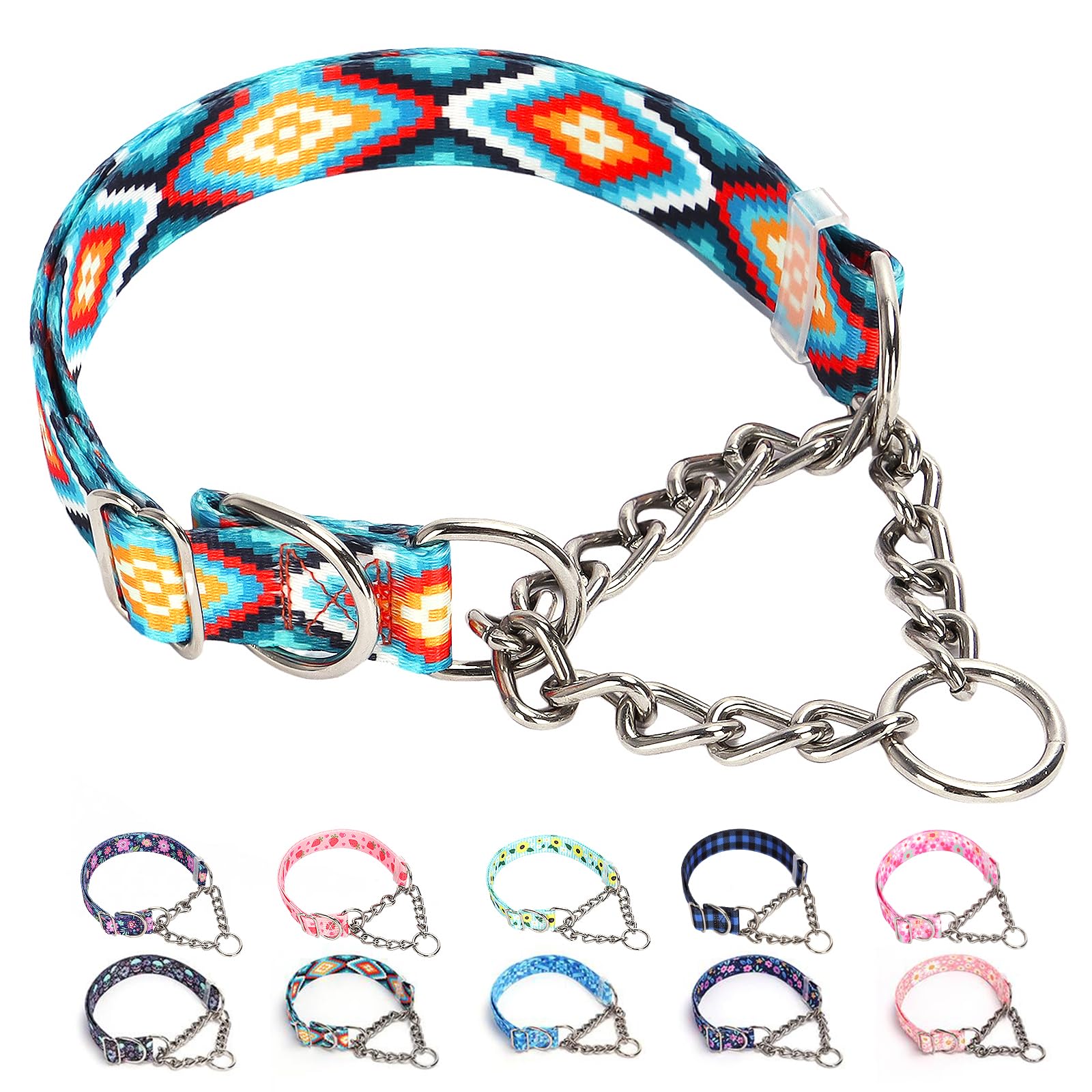 Martingale Dog Collar With Chain, No Pull Slip Cinch Choker Choke Collar Western Boho Aztec Duty Dog Collar For Medium Large Ext