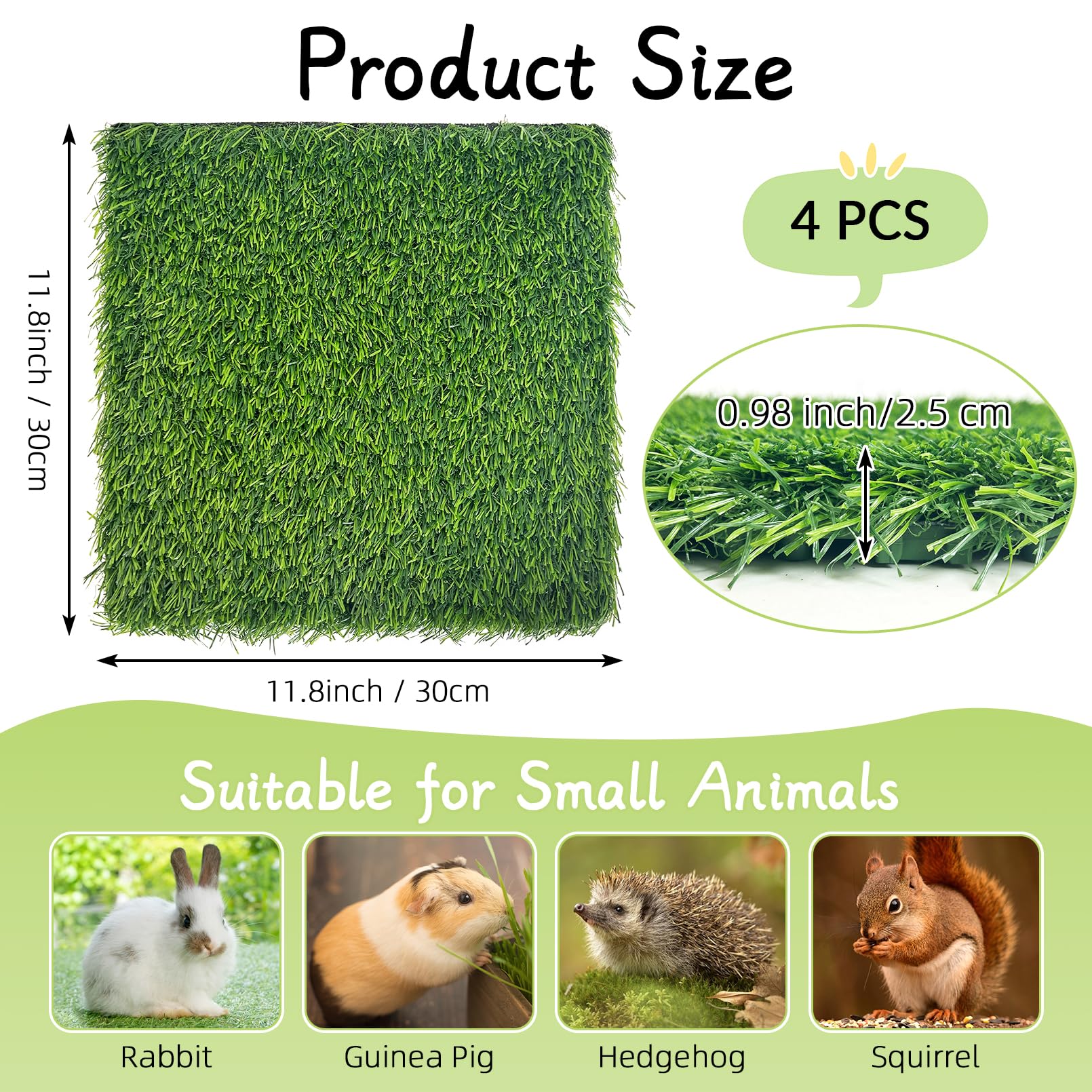 Hamiledyi 4 Pcs Artificial Rabbit Grass Mats Reusable Guinea Pig Pee Pads 11.8'' X 11.8'' Washable Turf Fake Grass Plastic Bunny