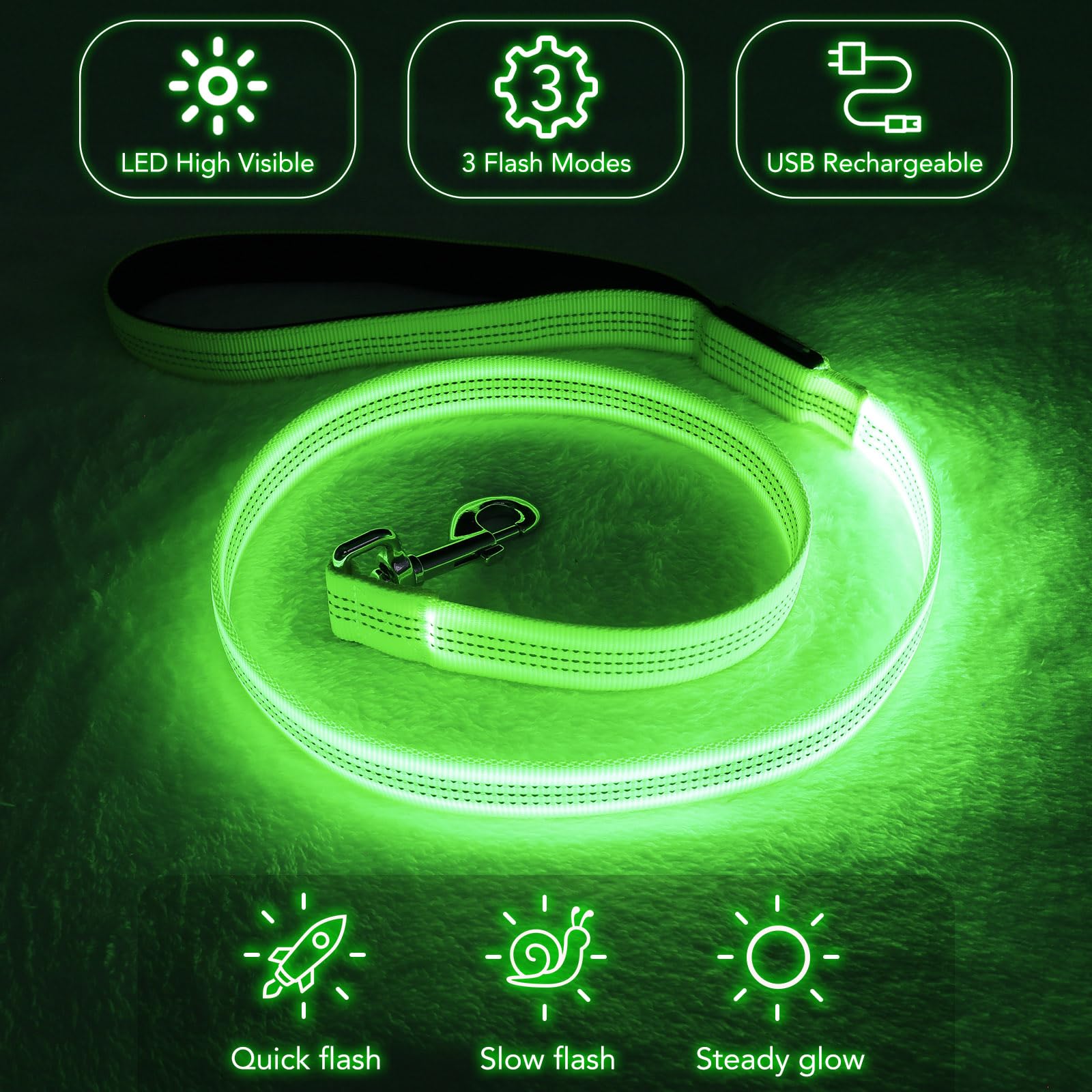 Colaseeme Light Up Dog Leash, 4Ft Led Pet Leashes Micro Usb Rechargeable, Nylon Glow Safety Dogs Lights At Night (Green-New)