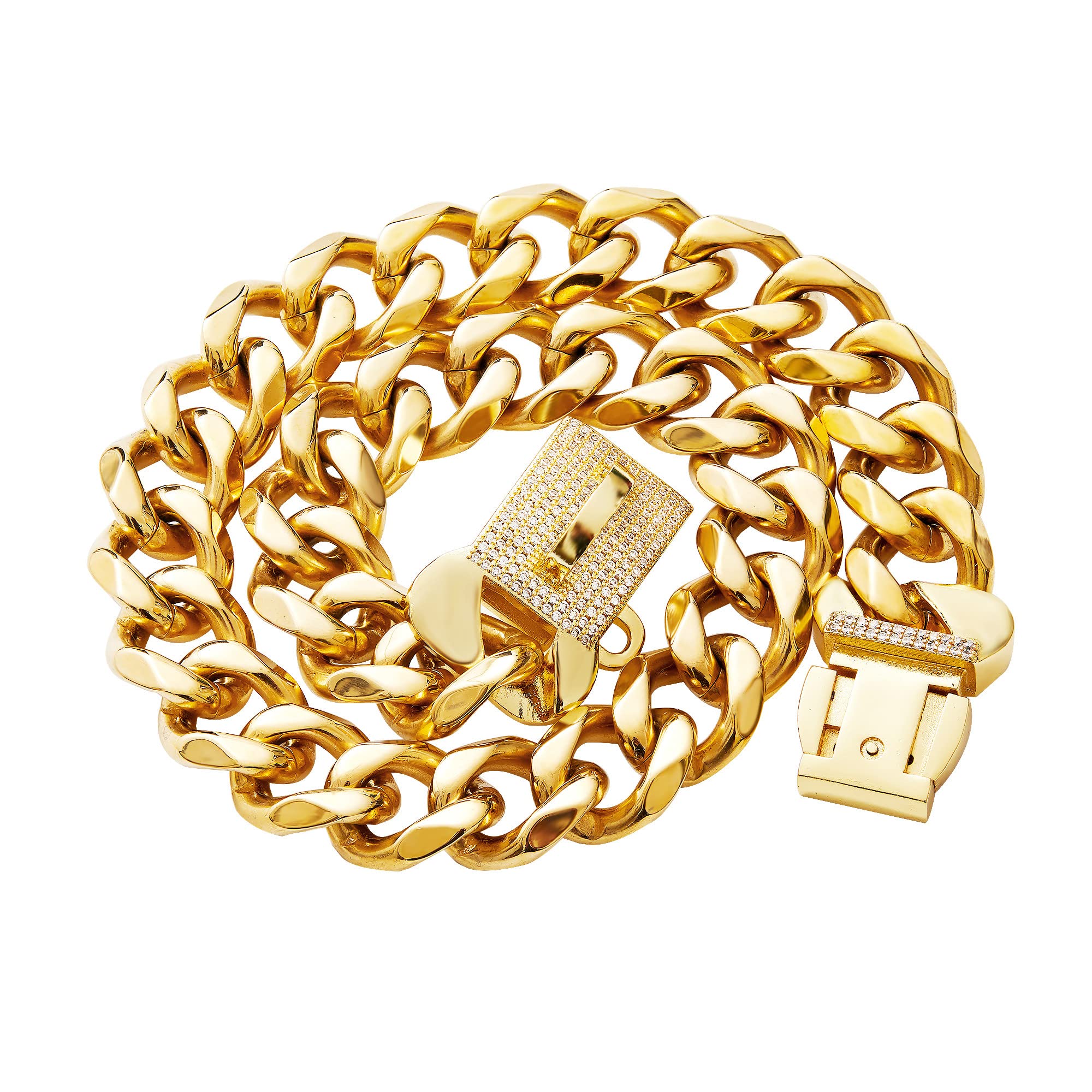 Stainless Steel Cuban Gold Link Heavy Duty Necklace Dog Collar For Small Medium Large Dogs, American Bully French Bulldog Dog Co