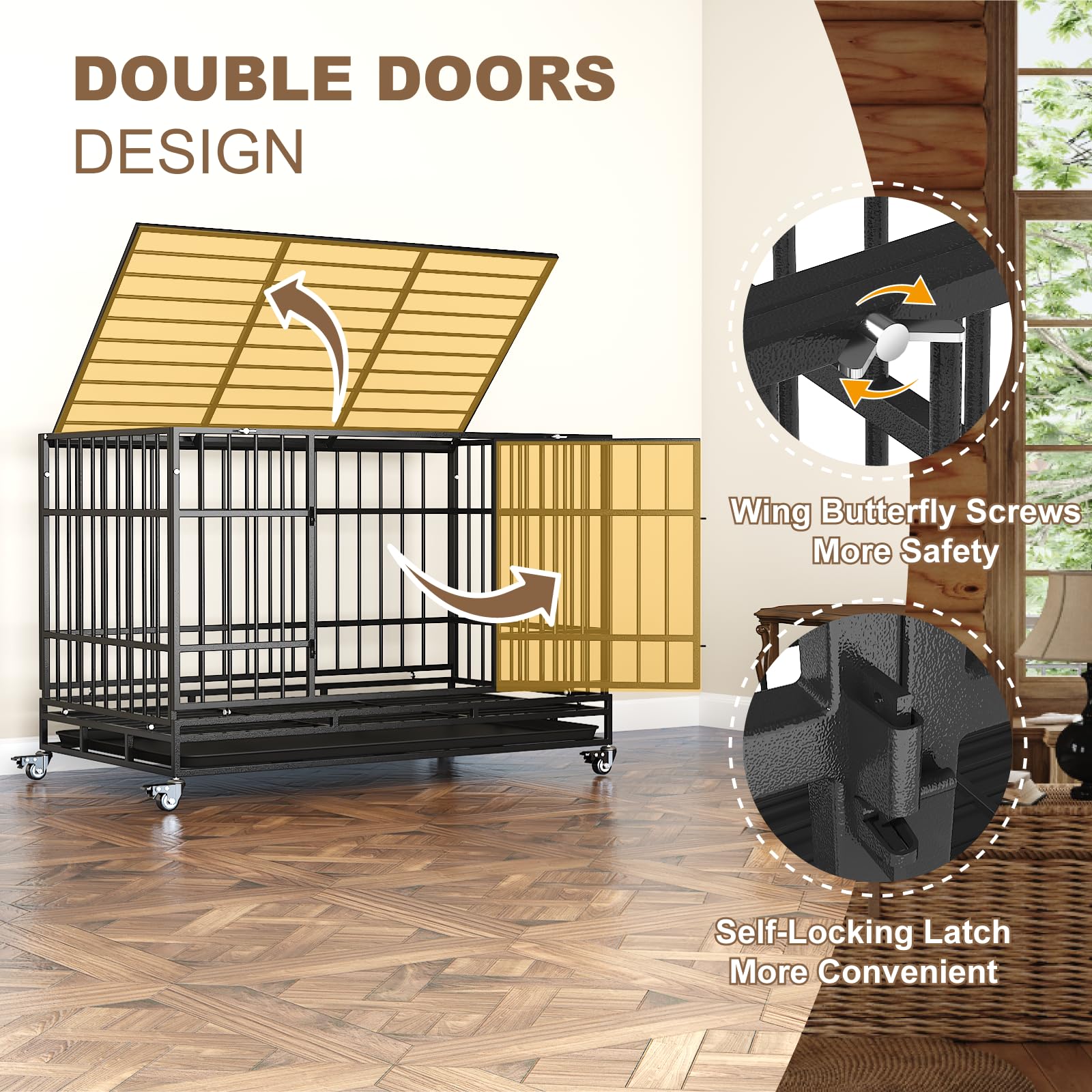 Timhaka 48 Inch Heavy Duty Dog Crates For Large Dogs, Escape Proof Dog Cage, Self-Locking Latch, Dog Kennel Indoor With 4 Lockab