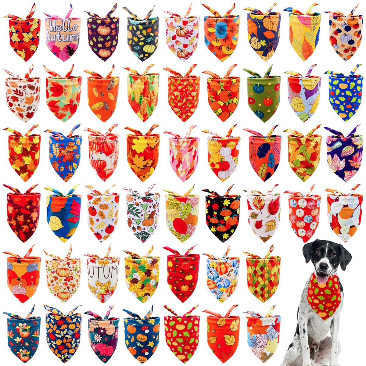 JpGdn 50PCS Large Dog Bandanas Fall Large XL Big Dog Breed Bulk Pumpin Harvest Leaves Forest Autumn Pattern Kerchief Triangle Bi