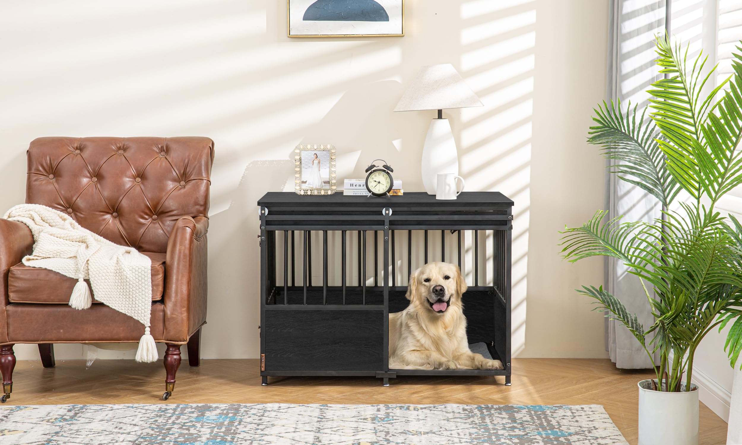 KOOPRO 40" Wooden Dog Crate Furniture, Black, Heavy Duty with Double Doors, Indoor Decorative Pet House, Model KO241101-BK00-01