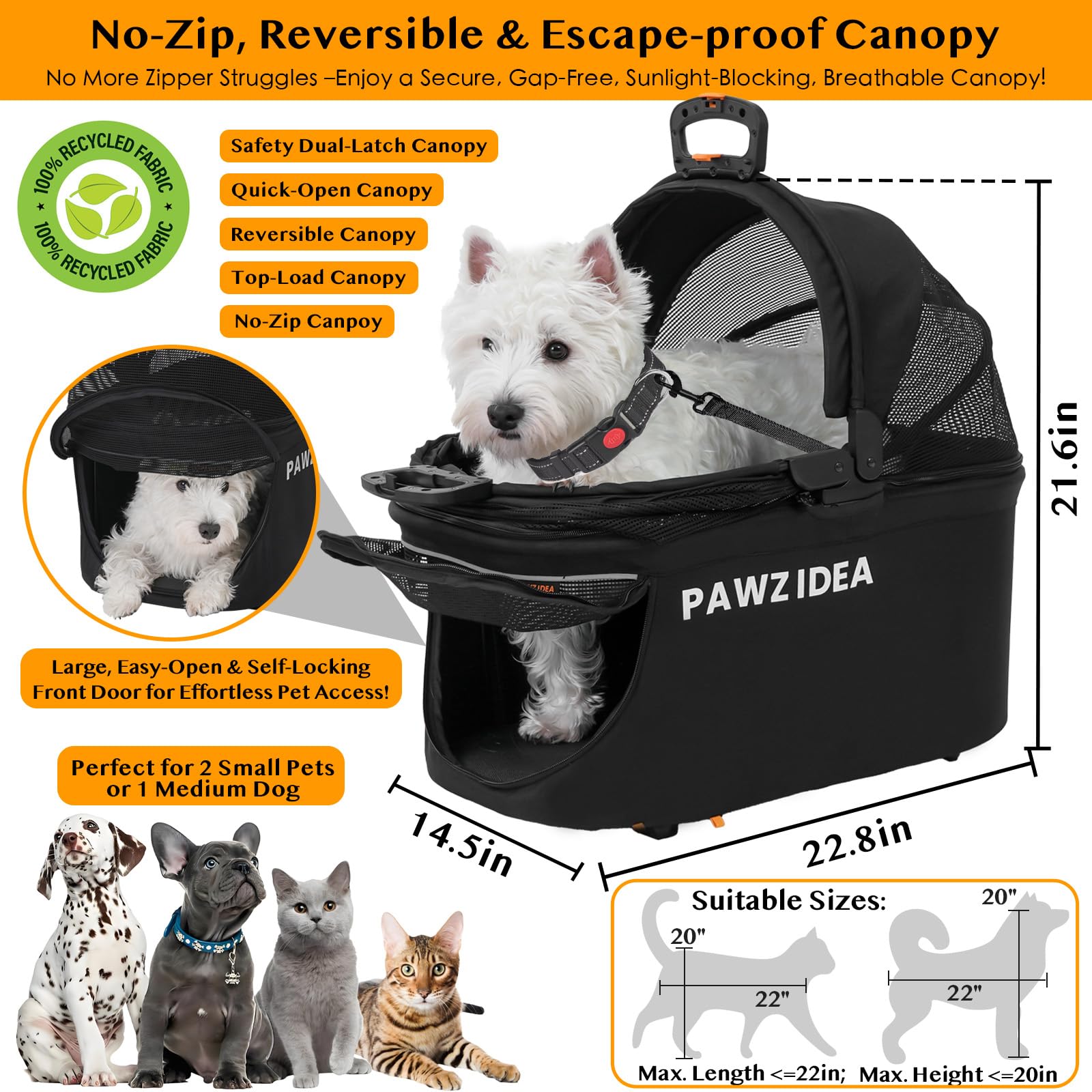 Pawzidea Pet Stroller 4 In 1, Dog Strollers For Small/Medium Dogs/Cats With Detachable Carrier No-Zip Canopy, Seatbelt Puppy Car
