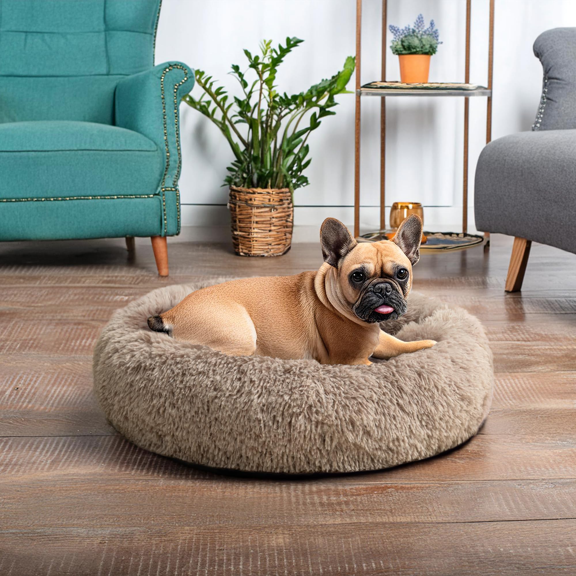 PetAmi Calming Dog Bed for Small Medium Dog Cat, Round Donut Dog Bed Washable, Fluffy Faux Fur Plush Cuddler Pet Kitten Cushion