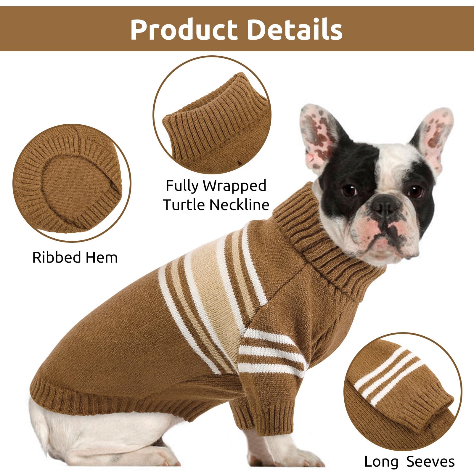 Queenmore Dog Striped Knitted Sweater, Turtleneck Pullover Pet Coat, Dog Winter Clothes With Leash Hole For Small Medium &Large