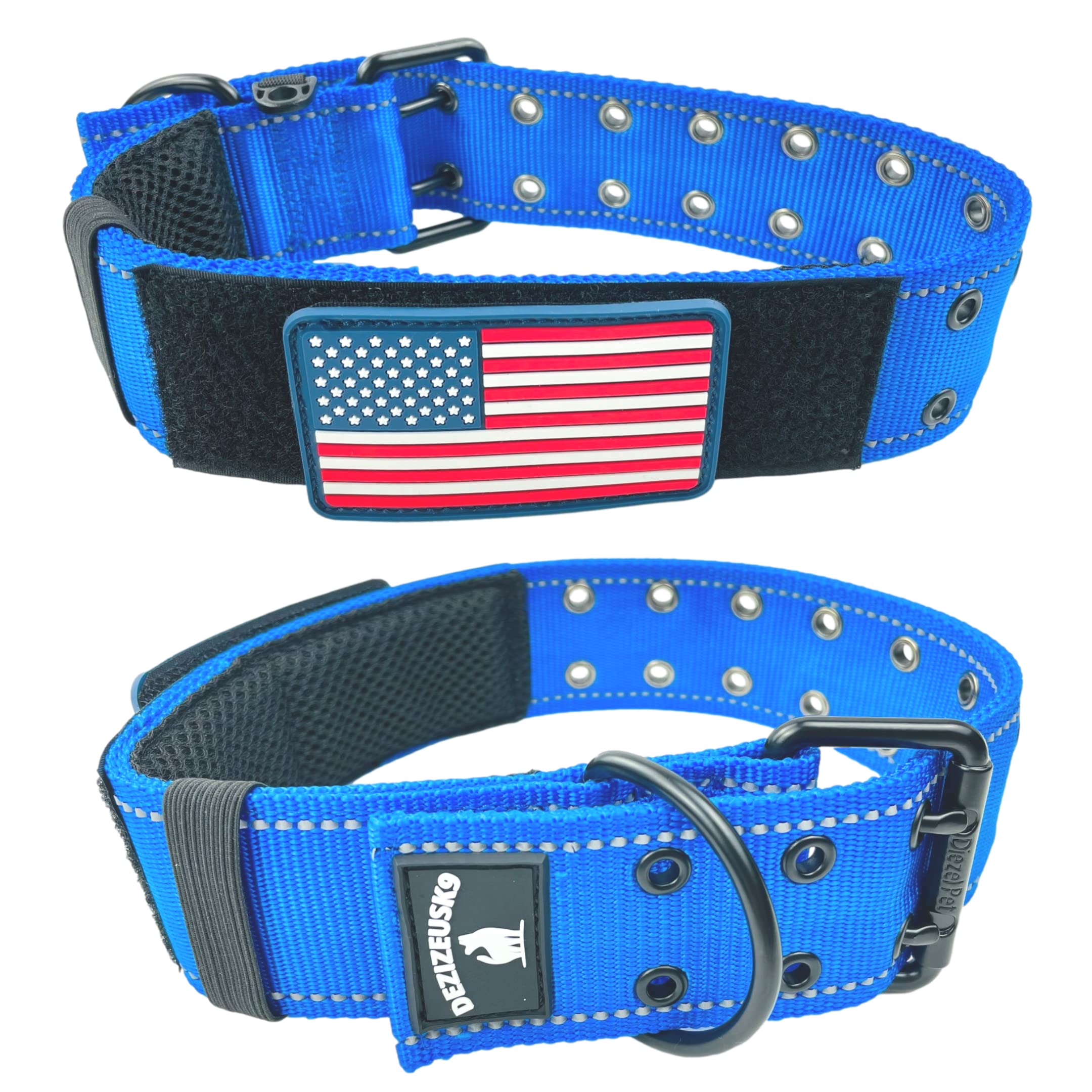 2' Personalized Tactical Dog Collar - Wide Thick Military Style With Strong Belt Buckle Closure - American Flag Patch - Reflective - Med And Xl Sizes For Large And Giant Dogs