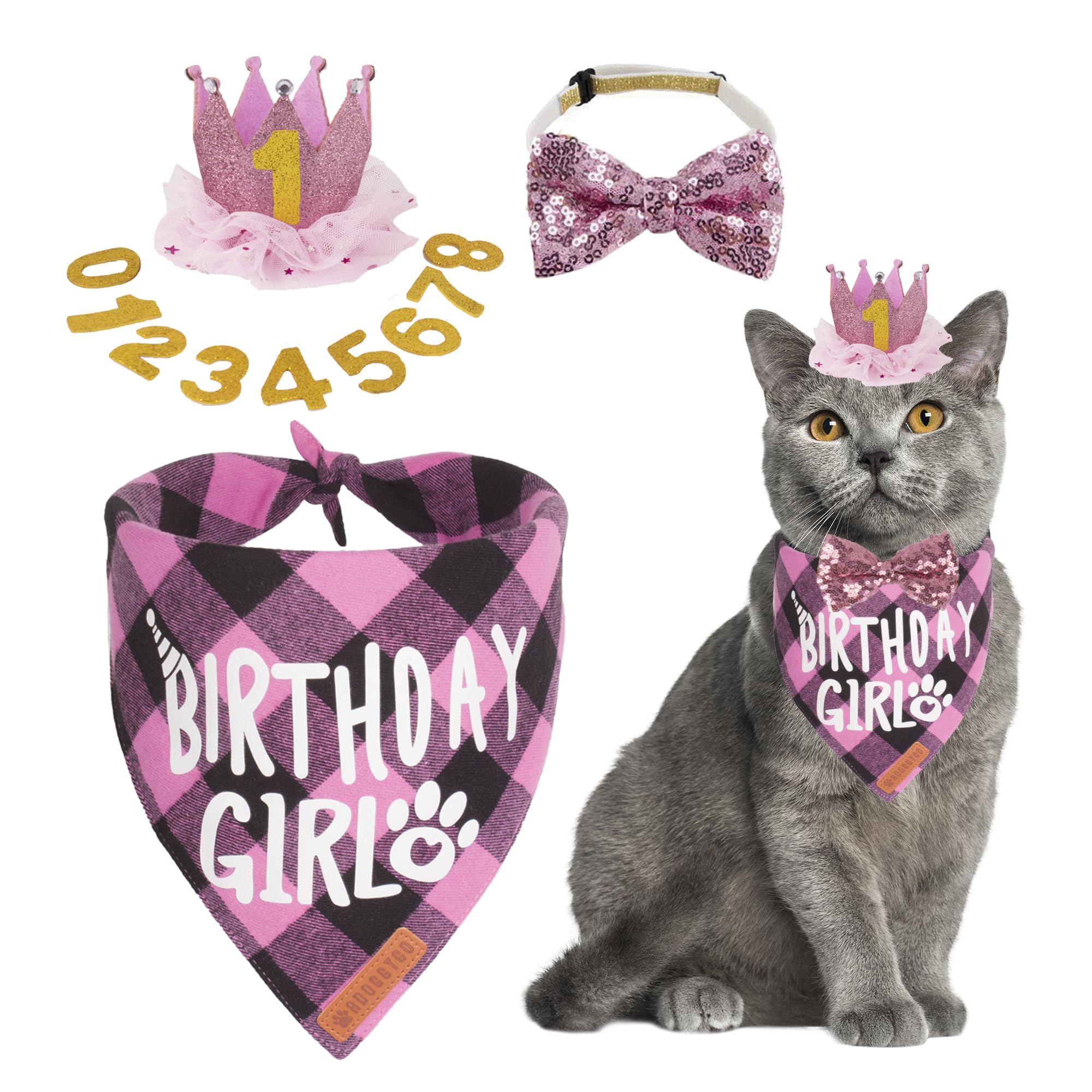 Adoggygo Cat Birthday Party Supplies, Birthday Girl Plaid Kitten Bandana, Pink Cat Party Hat With Numbers, Bowtie (Pink)