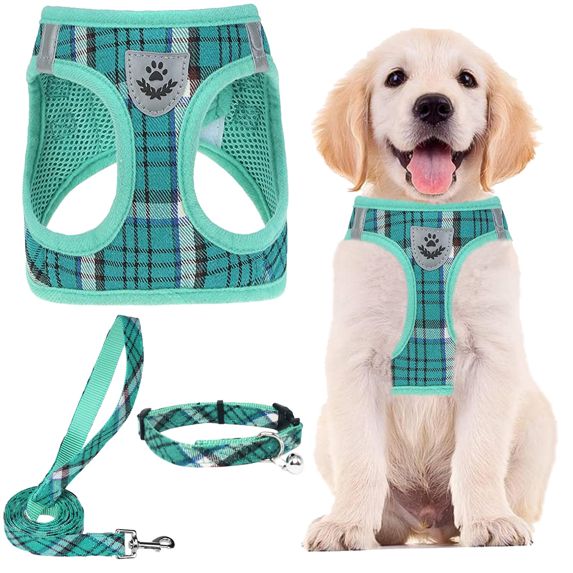 Pupteck Adjustable Dog Harness Collar And Leash Set Step In No Pull Pet Harness For Small Medium Dogs Puppy And Cats Outdoor Walking Running, Soft Mesh Padded Reflective Vest Harnesses, Lake Green S