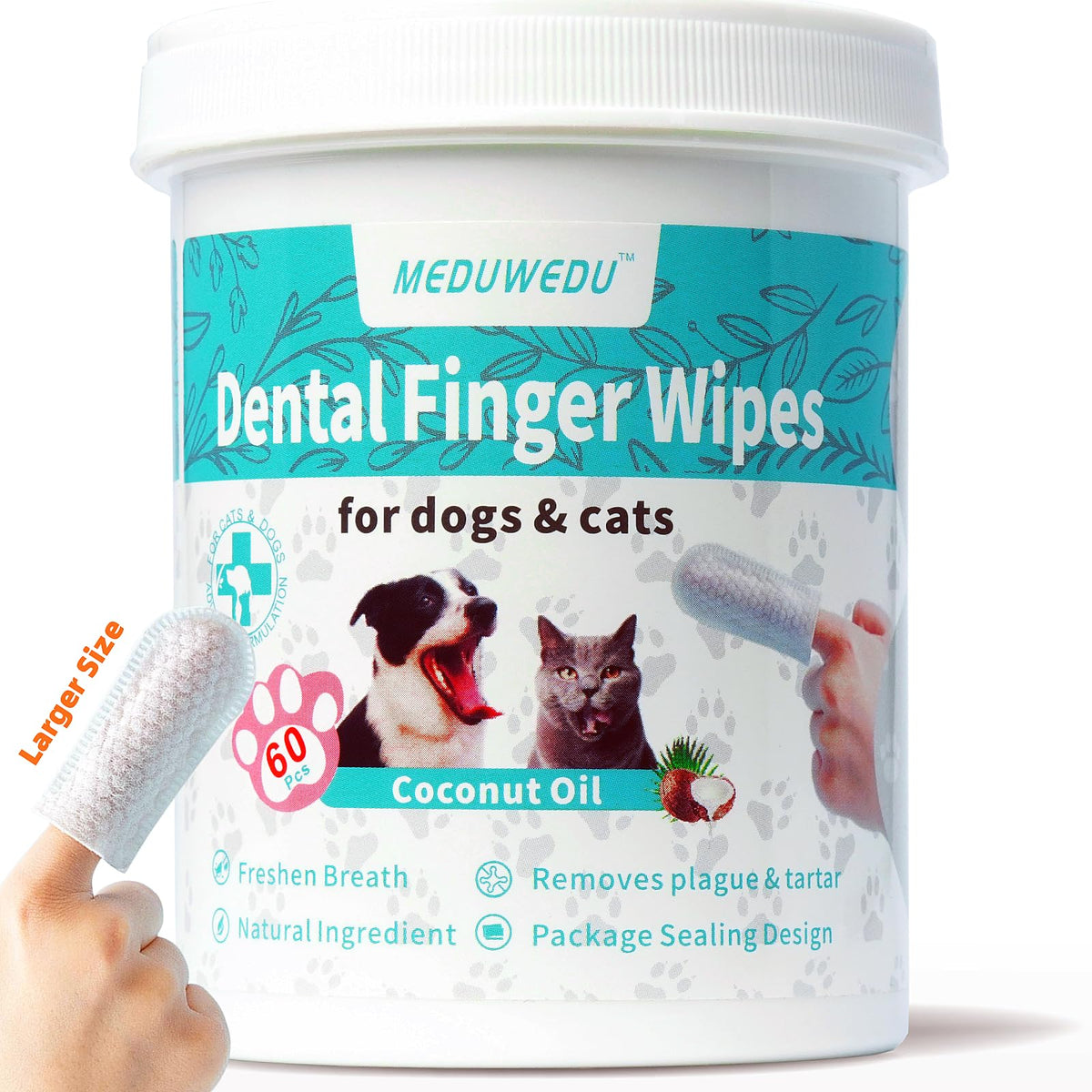 Meduwedu Wider Dental Care Finger Wipes 60 Counts,Teeth Cleaning Finger Wipes For Dogs & Cats,Reduces Plaque & Supports Oral Freshness, Coconut Scent