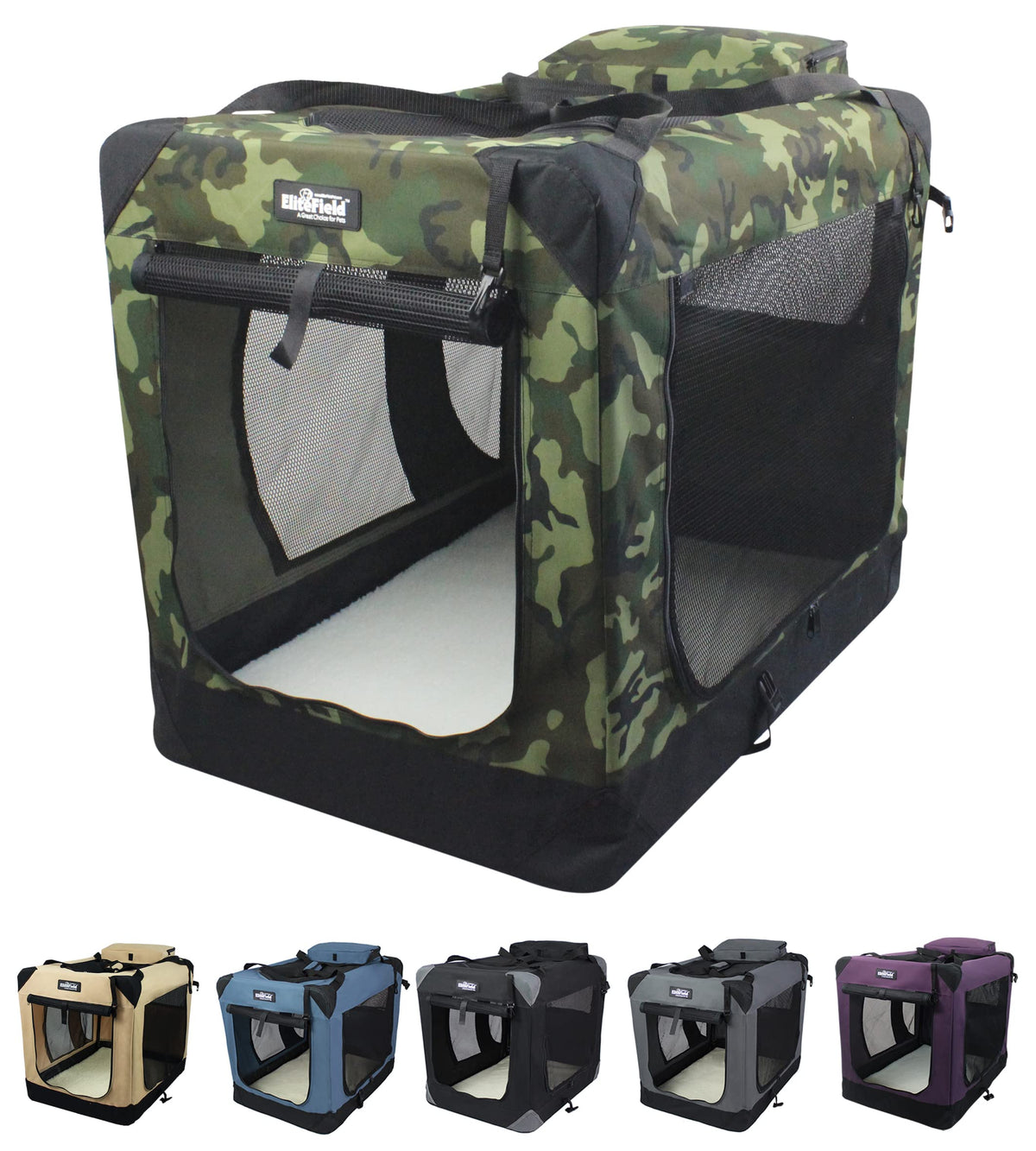 Elitefield 3-Door Folding Soft Dog Crate With Carrying Bag And Fleece Bed (2 Year Warranty), Indoor & Outdoor Pet Home (30' L X 21' W X 24' H, Camo)