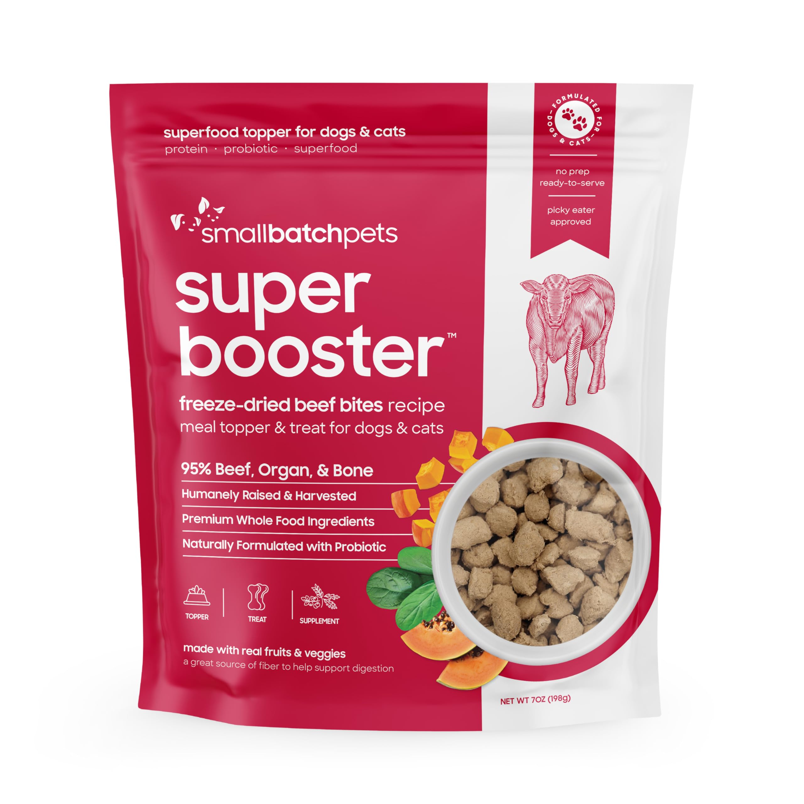 smallbatch Pets Freeze-Dried Super Booster Beef Bites for Dogs & Cats, 7 oz, Made in The USA, Organic Produce, Humanely Sourced 
