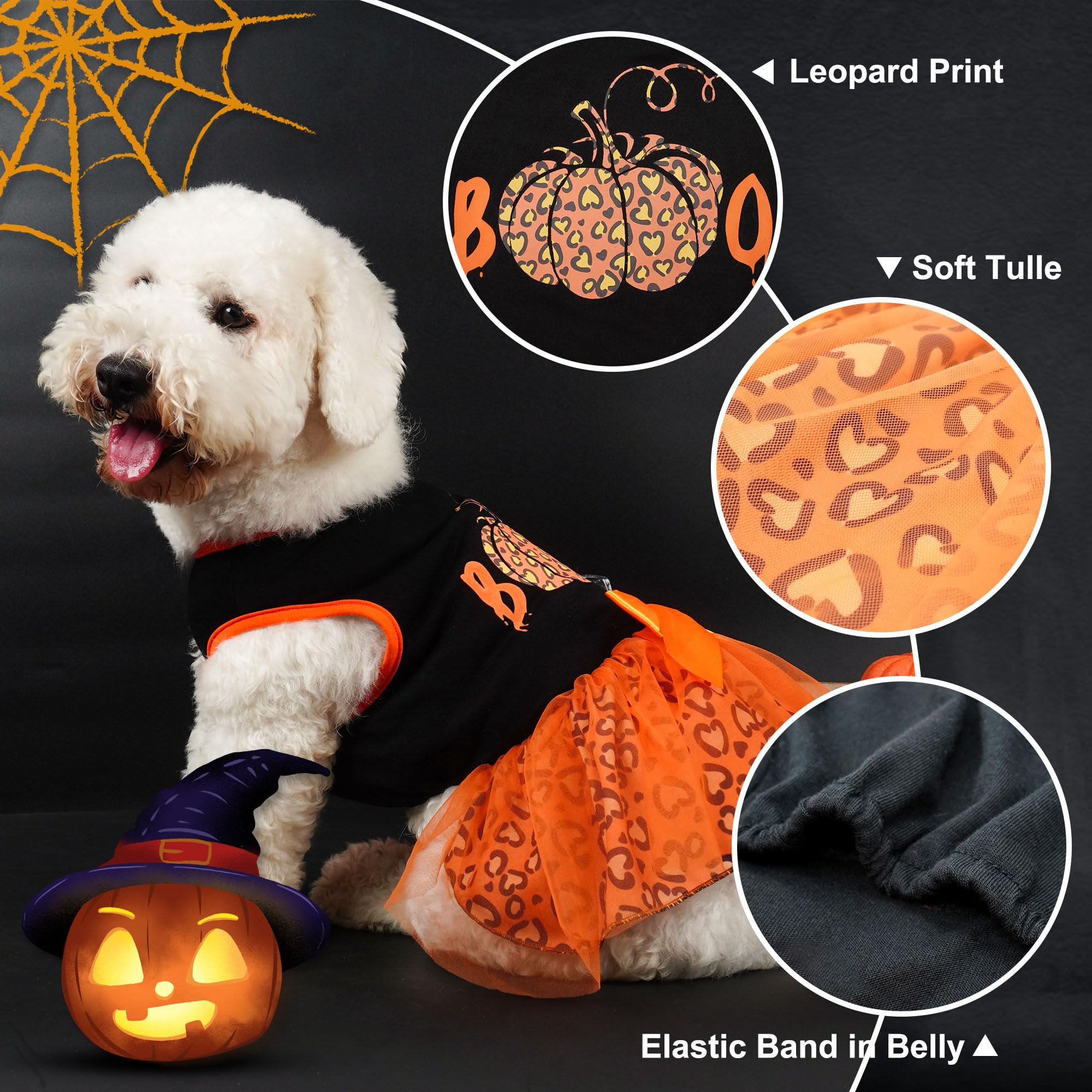 Cyeollo Dog Dress Halloween Holiday Dog Clothes Boo Cute Leopard Print Pumpkin Party Outfit Tulle Dresses For Small Dogs Clothing