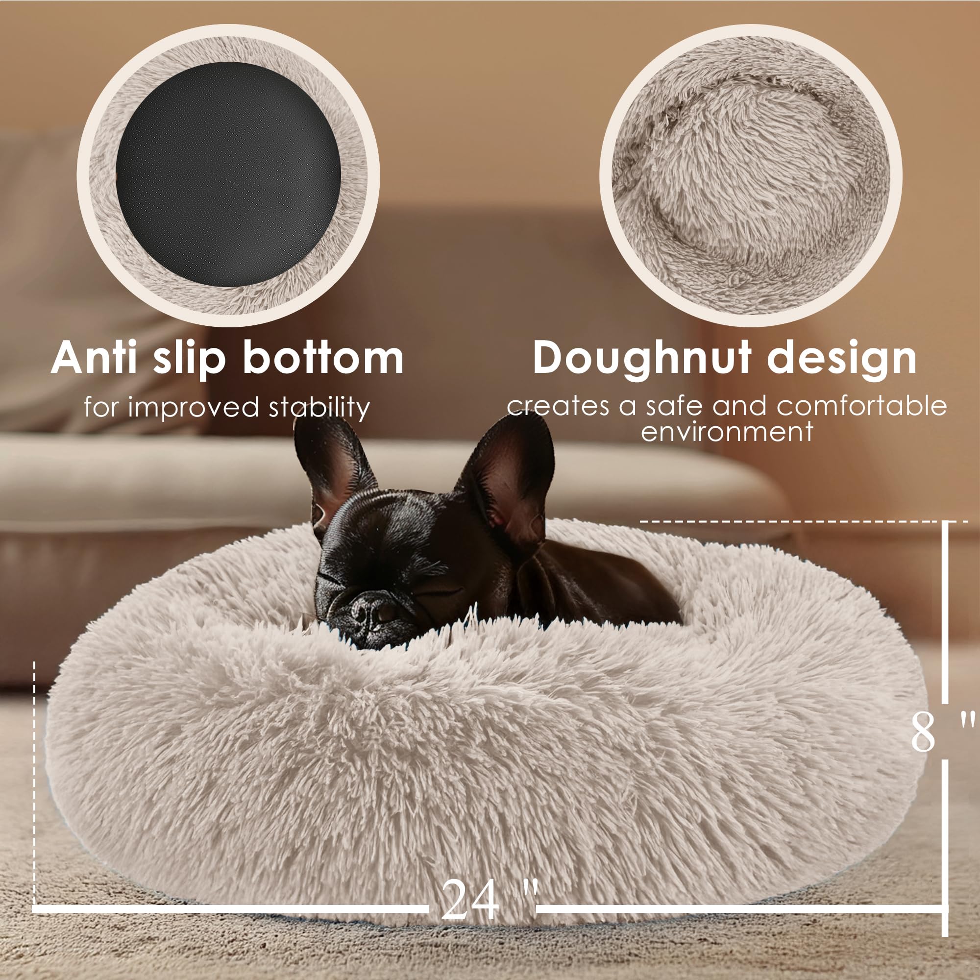 Dogs Bed for Small Dogs, Anti-Anxiety Washable Round Bed (Brown, 24.0 L x 24.0 W x 8.0 Th)