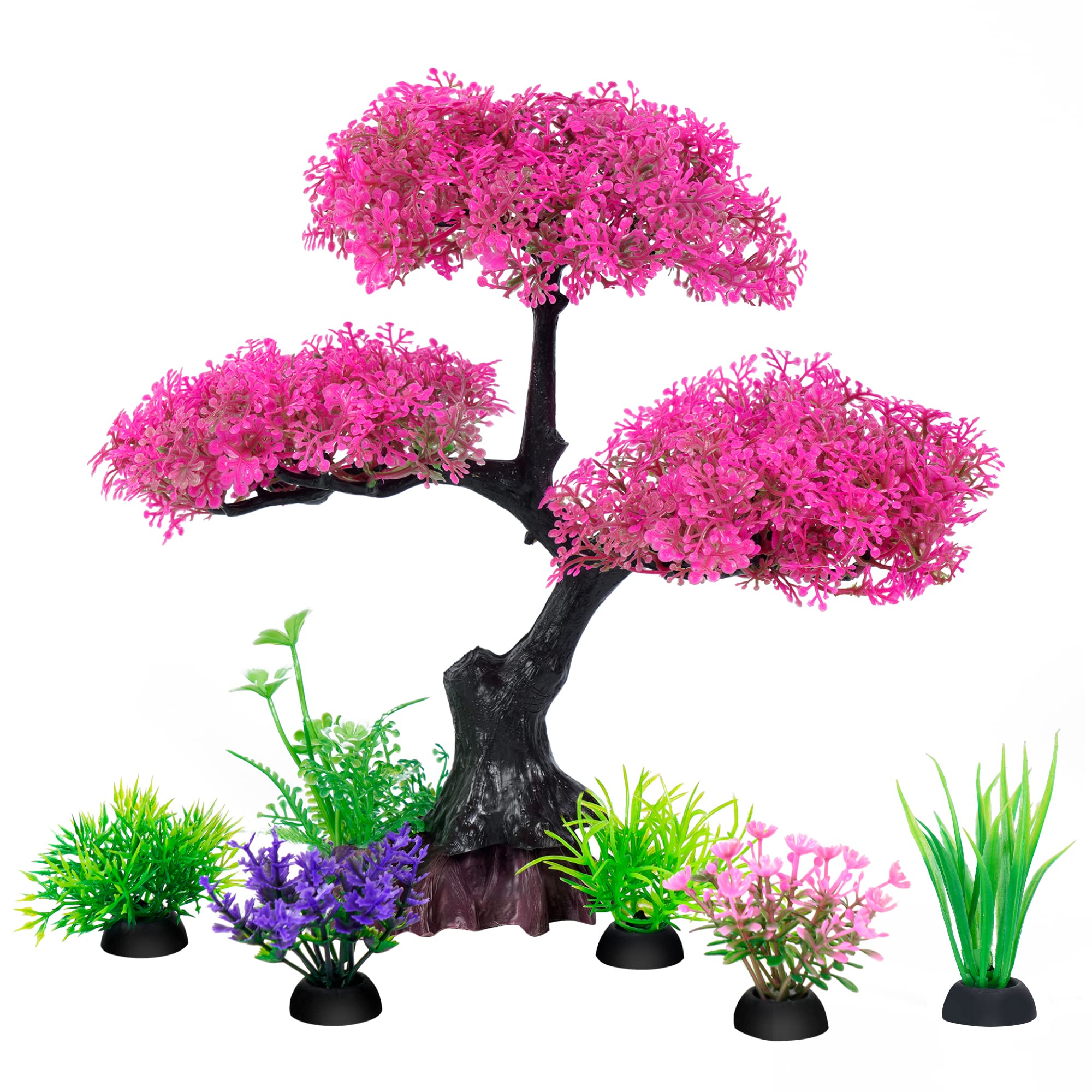 Ameliade Aquarium Artificial Plastic Plants Decoration, Pink Cherry Blossom Tree & Grass Aquarium Decor Set, Goldfish Betta Fish Tank Decorations Hides Accessories(Pink
