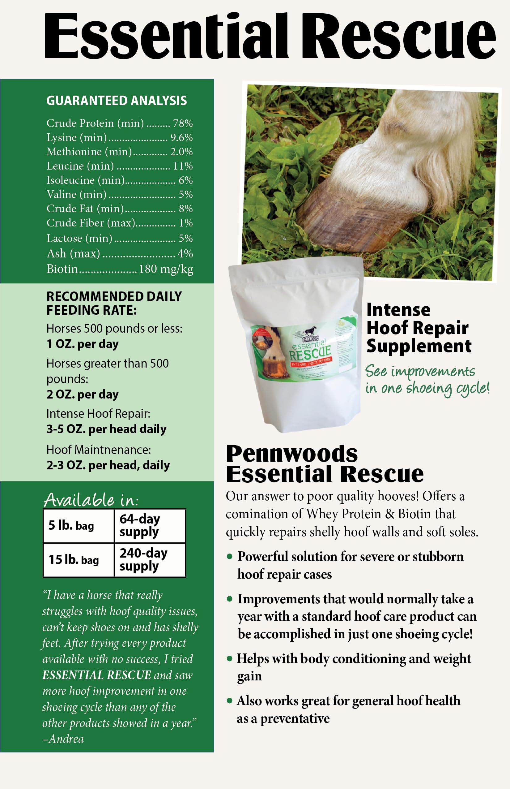 Pennwoods Essential Rescue, Hoof Supplements for Horses, Biotin & Whey Protein Formula, Weight Gain Horses, Horse Strength Suppl