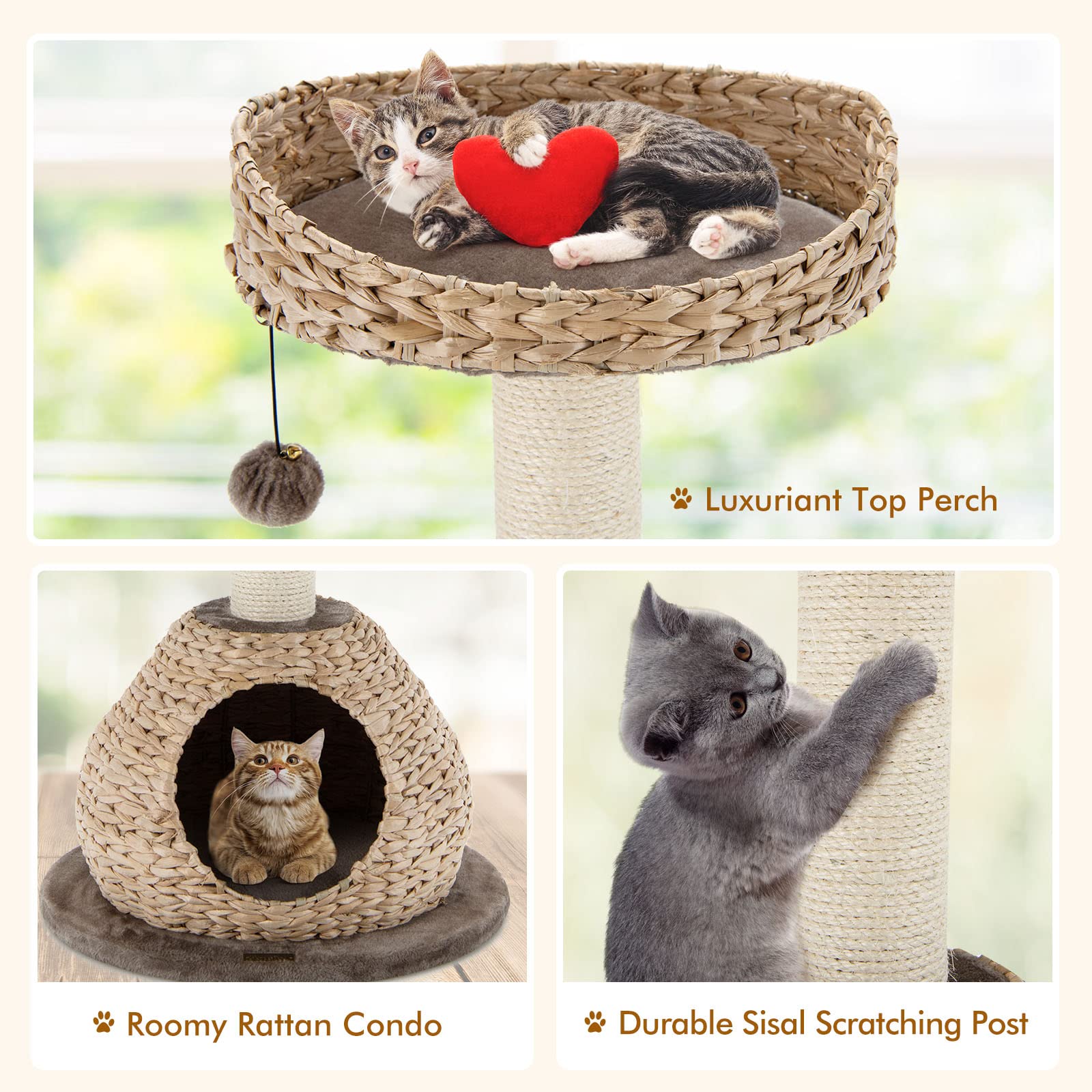 Petsite Modern Cat Tree Tower, Paper Rope Natural Bowl Shaped With Perch, Scratching Post, Rattan Cat Activity Tree For Kittens,